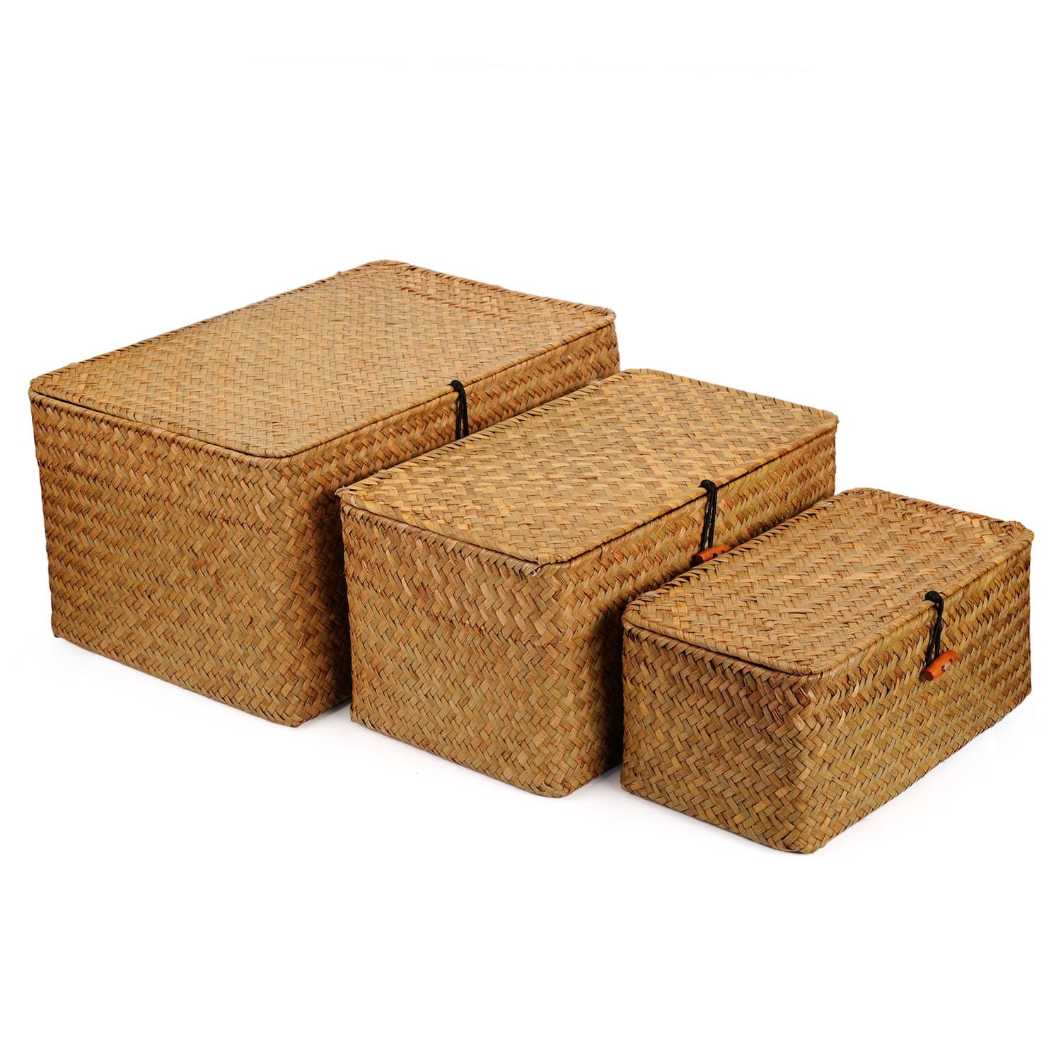 DOKOT Seagrass Storage Baskets with Lids Natural Wicker Basket 3 Pieces (Large + Medium + Small)