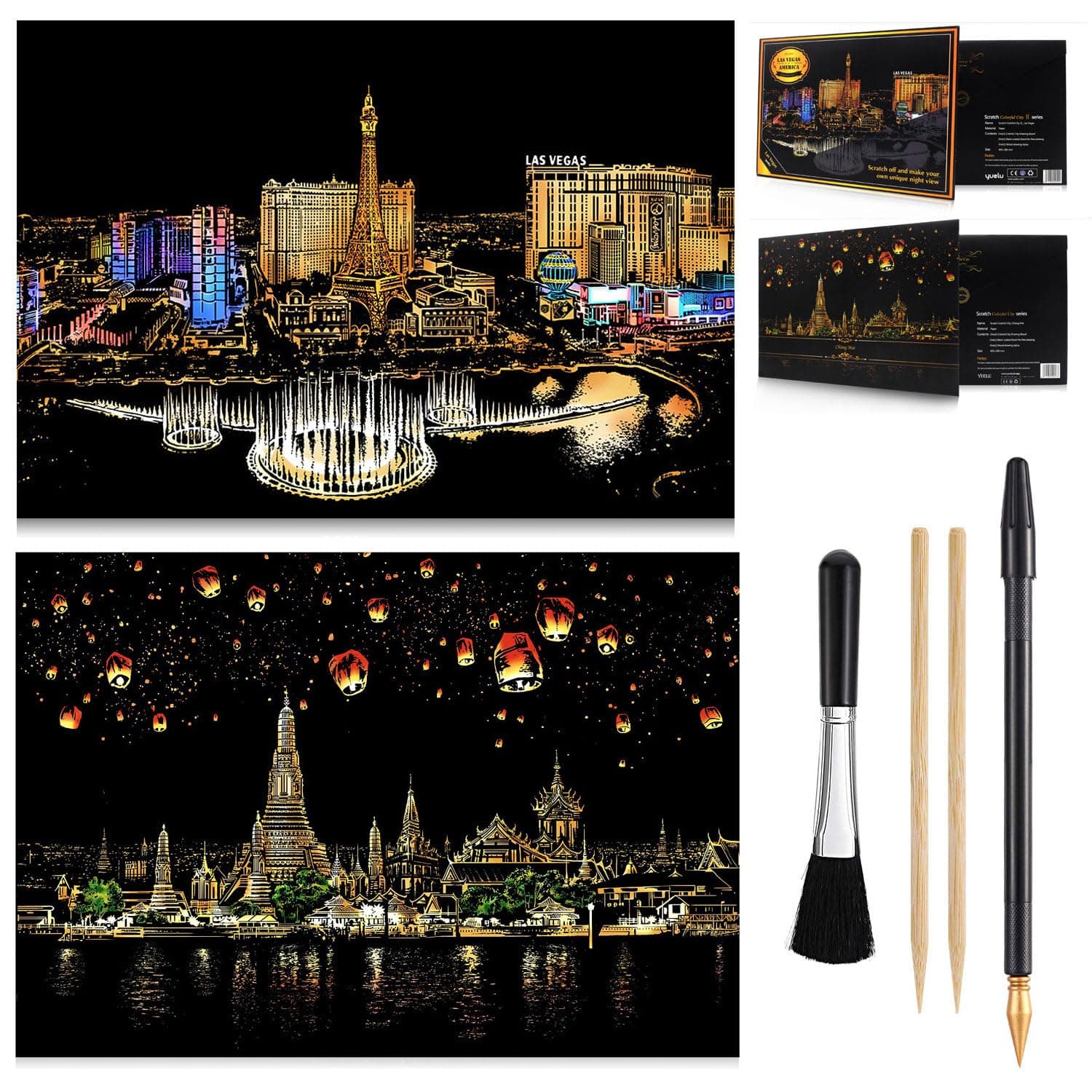 Scratch Art Rainbow Painting Paper, Sketch Pad DIY Night View Scratchboard for Kids & Adults, Engraving Art & Craft Set, Scratch Painting Creative Gift, 16' x 11.2' with 3 Tools (Las Vegas-America)