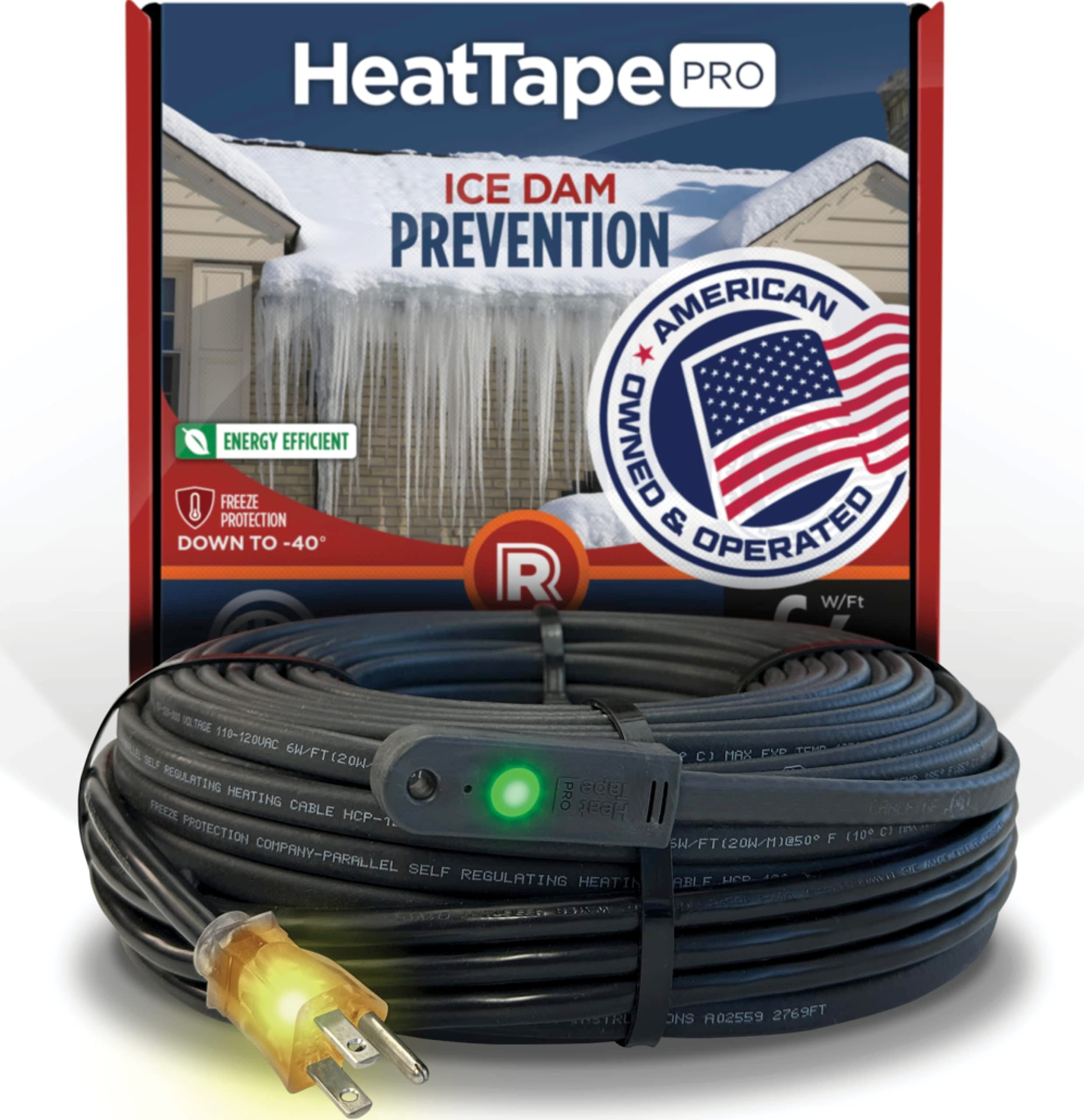 RADIANT SOLUTIONS HeatTapePro - Intelligent Commercial Grade Self-Regulating Heat Cable with GlowCap™ - 10 YR warranty - Ice Dam & Pipe Freeze Protection - 24 ft cable + 10 Ft Cord, 120V, 6 watts/Ft