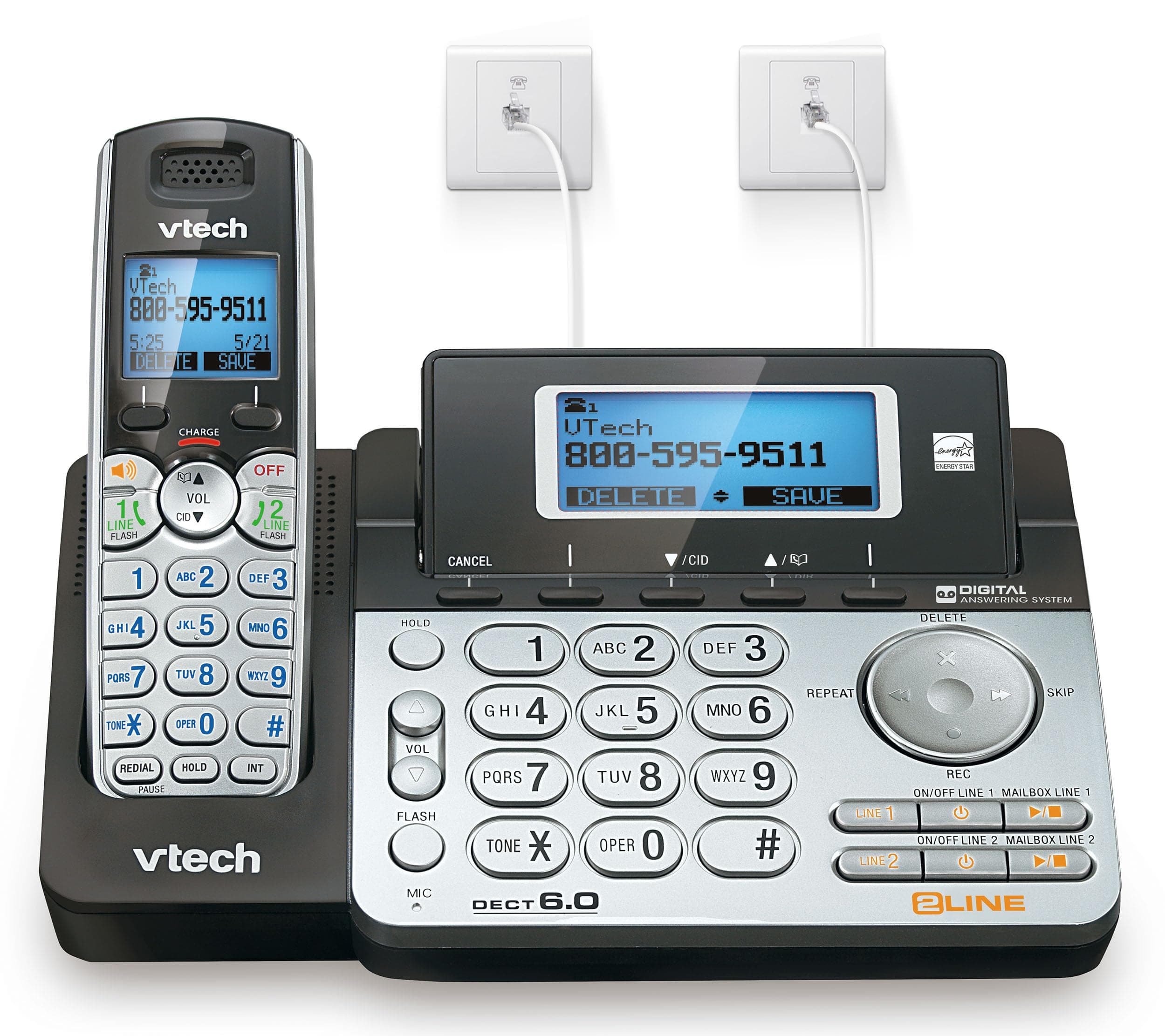 VTech 2-Line Cordless Phone for Small Business or Home with Answering System and Mailbox on Each Line, Caller ID/Call Waiting, Intercom, Hearing Aid Compatible | DS6151 (Black/Silver)