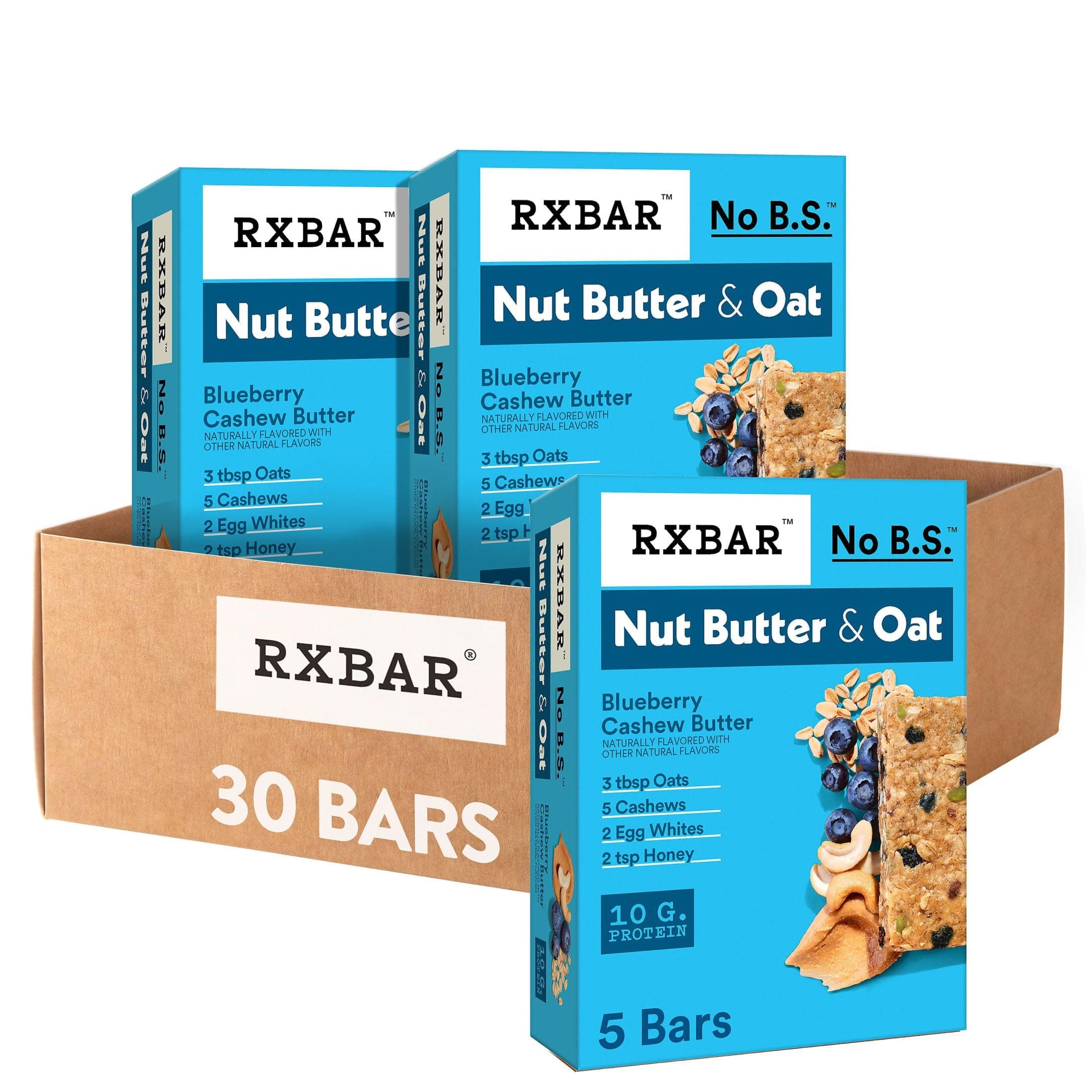 RXBAR Nut Butter and Oat Protein Bars, Protein Snacks, Blueberry Cashew Butter (6 Boxes, 30 Bars)