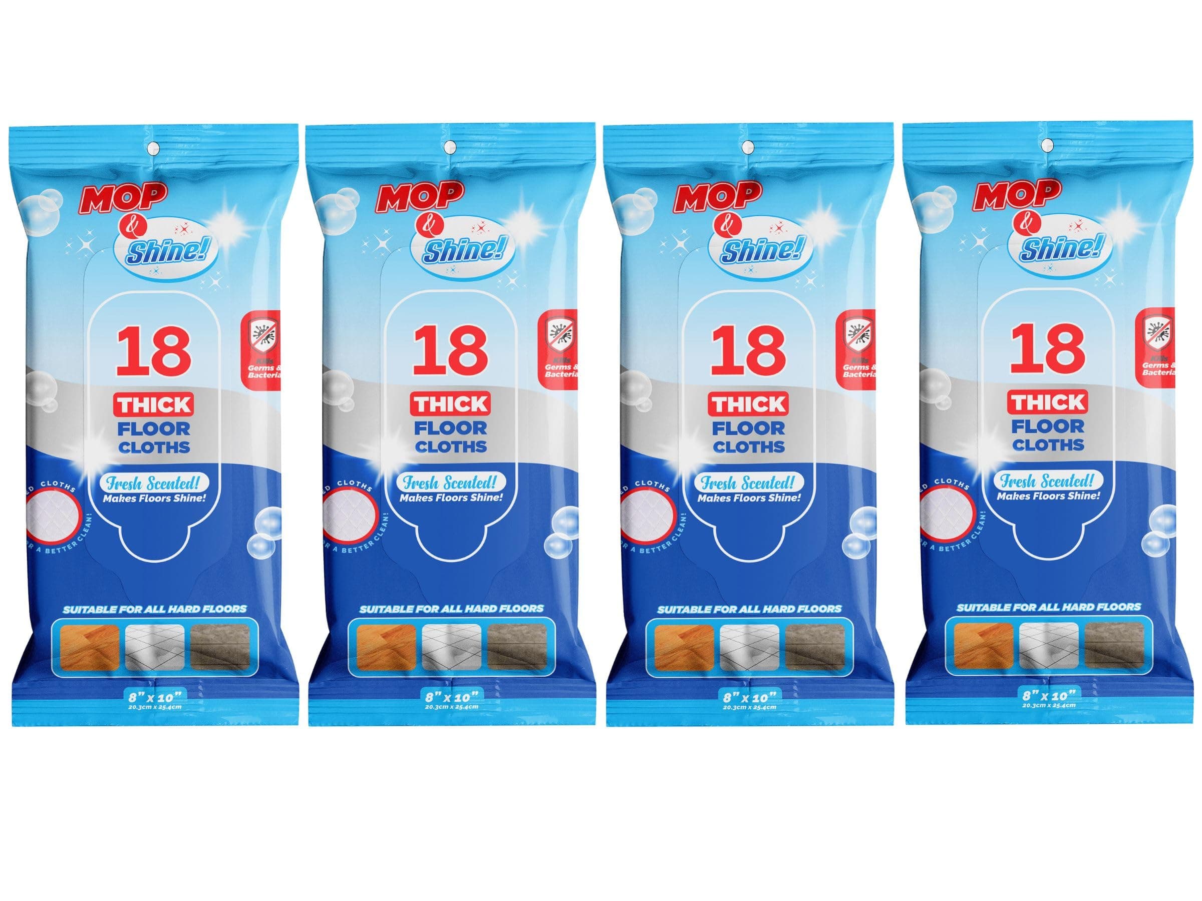 MOP&SHINE! - Flash Speed Mop Refills - 72 Extra Thick Quilted Wipes - Kills Germs, No Bleach - 4 Packs of 18 Wipes - 8x10 inches