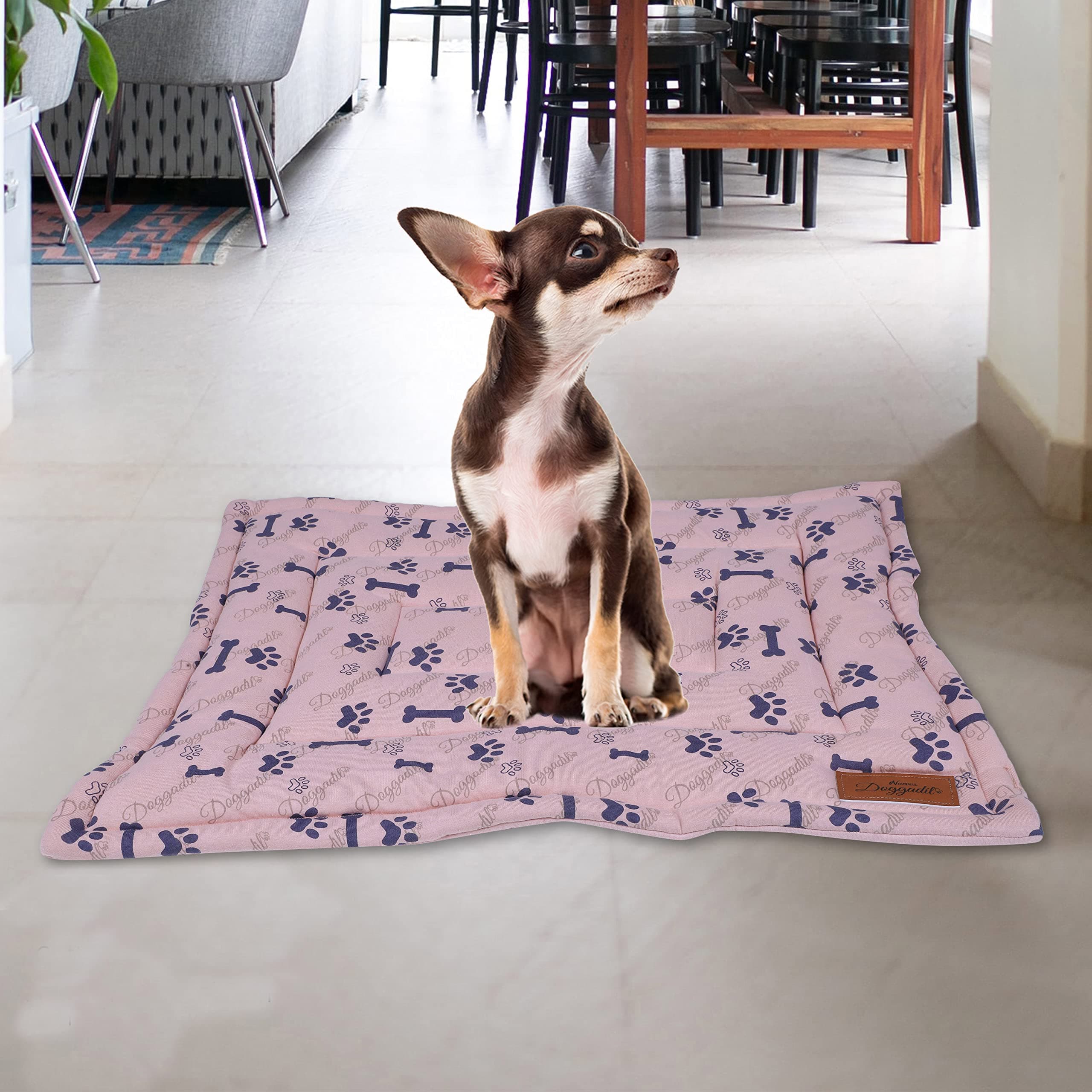 Cotton Jersey Quilted Bone and Paw Print Rectangle Cat Dog Pet Bed Mattress| Foldable Pet Mat| Anti-Slip Machine Washable Pet Mats for Sleeping Relaxing | Pink/Blue, L