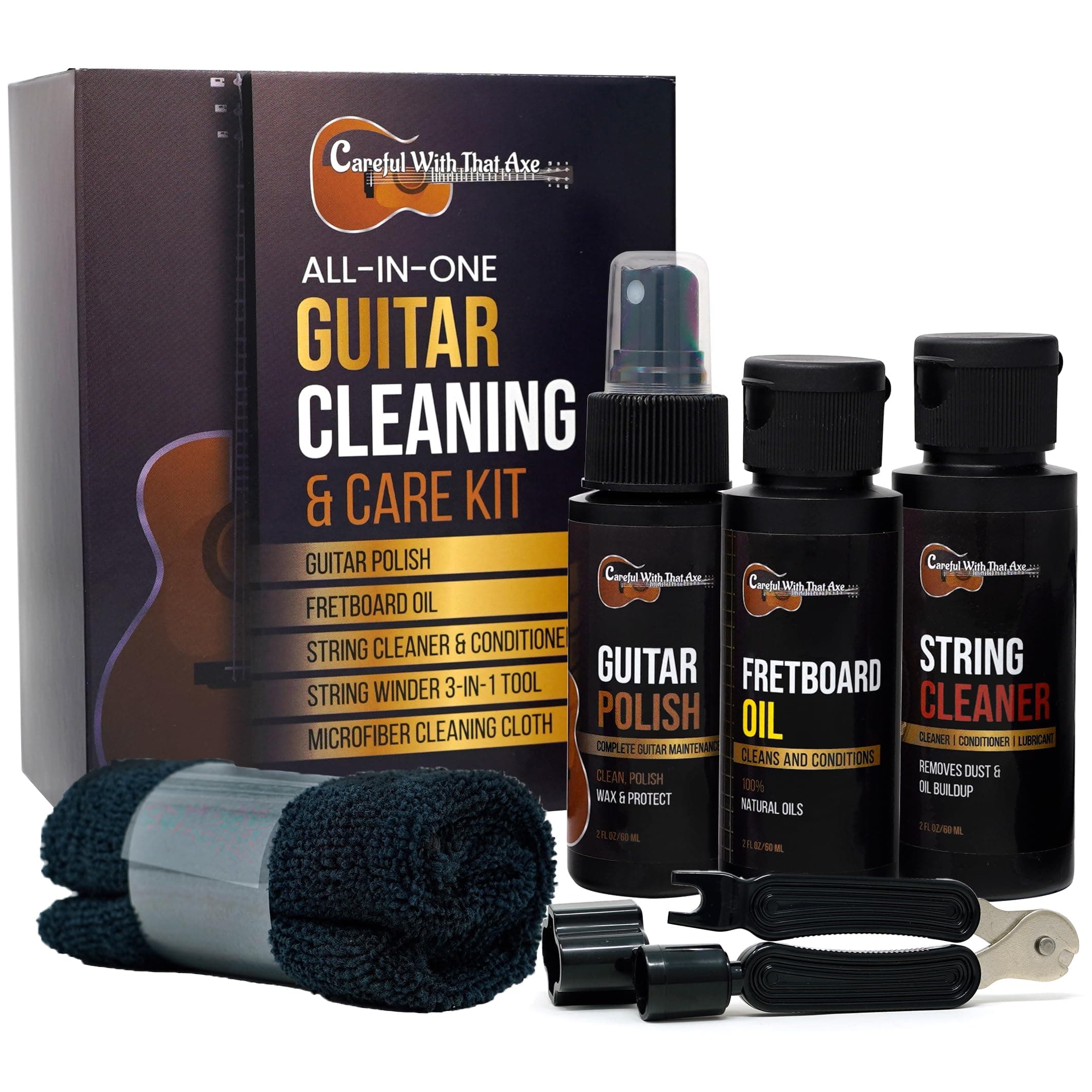 Guitar Cleaner Polish, String Cleaner, Winder and Fretboard Oil Care Kit | MADE IN USA | Guitar Oil and Cleaner for Body, Strings and Fretboard Fingerboard - Cleans, Polishes, and Protects