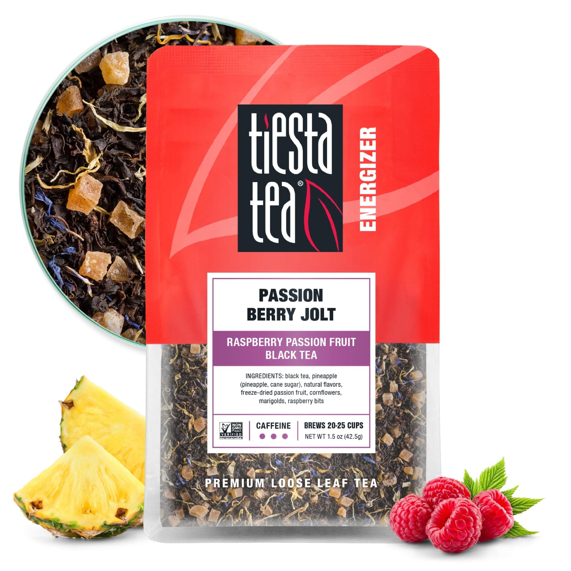 Tiesta Tea Passion Berry Jolt, Premium Loose Leaf, Classic Black Tea Blends, Raspberry Passion Fruit Black Tea, High-Caffeine, Hot or Iced Brews Up to 25 Cups, 1.5 Ounce Resealable Pouch