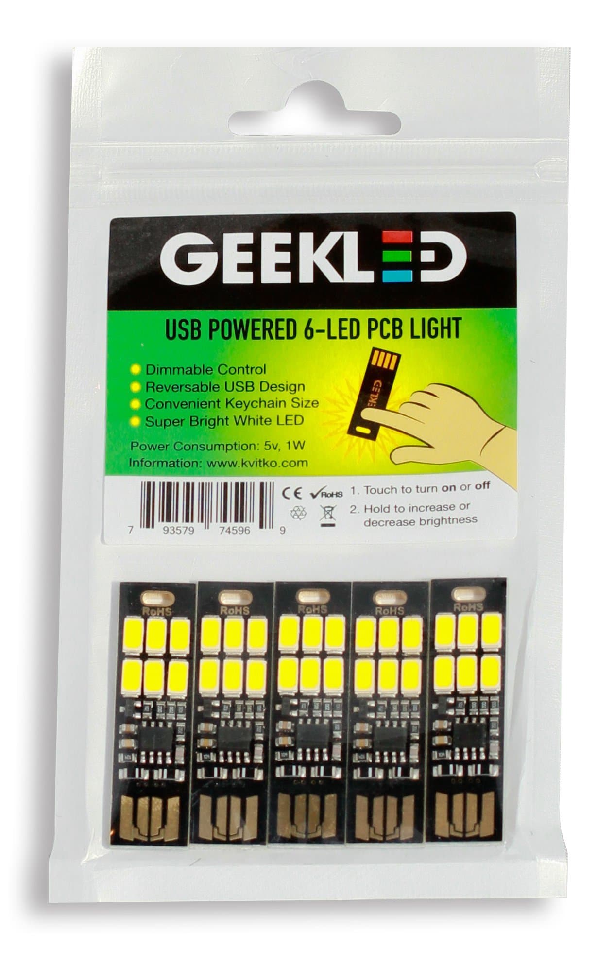 USB POWERED 6-LED PCB LIGHT: 5 Keychain Mini USB Lamp Sticks with Capacitive Touch Dimming Technology