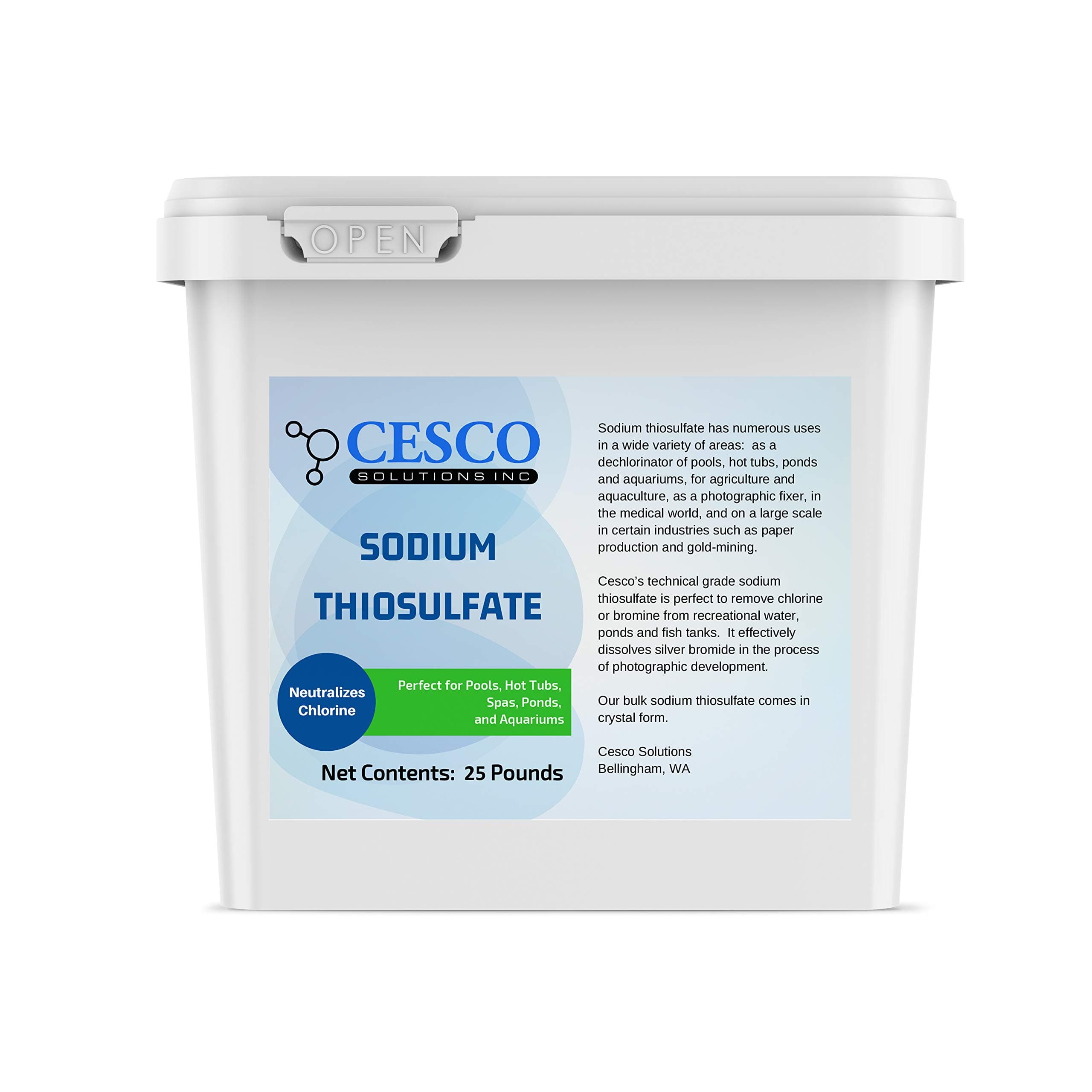 Sodium Thiosulfate Pentahydrate 25 lbs by Cesco Solutions - for Pools, Aquarium, Pond - Technical-Grade for Hot Tubs