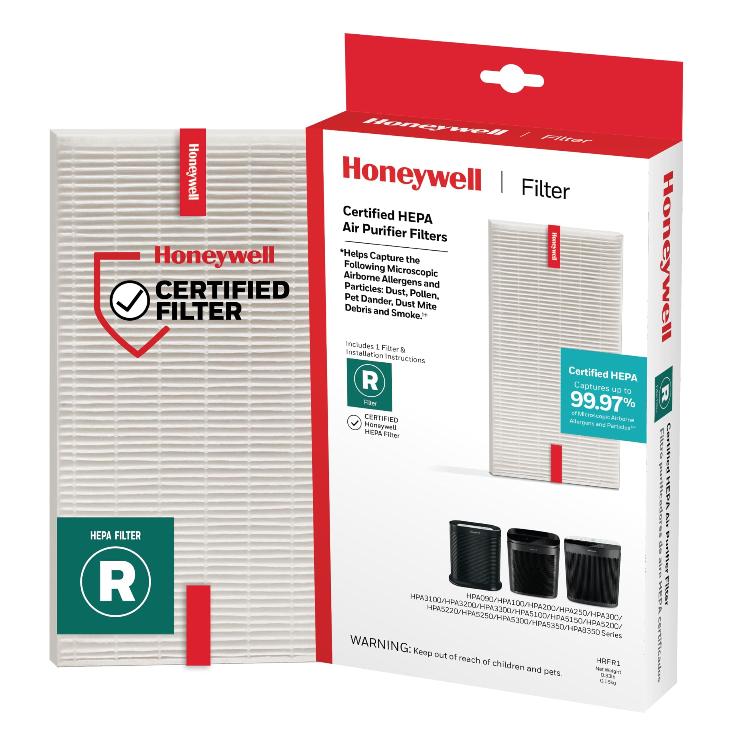 Honeywell HEPA Air Purifier Filter R, 1-Pack for HPA 100/200/300 and 5000 Series - Airborne Allergen Air Filter Targets Wildfire/Smoke, Pollen, Pet Dander, and Dust