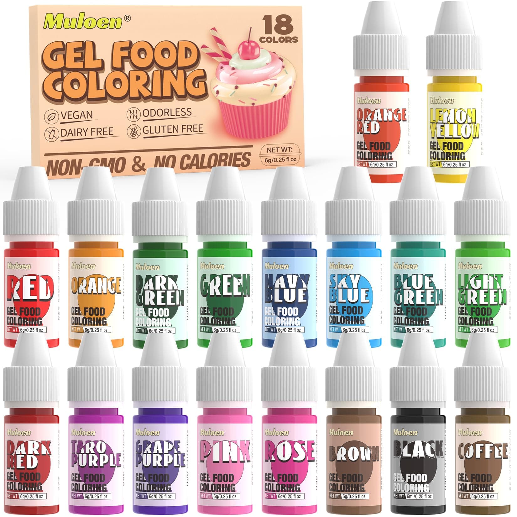 Muloen Gel Food Coloring - 18 Color Food Grade Rainbow Fondant Cake Food Coloring Gel Set for Baking, Cake Decorating, Cooking - Neon Food Dye for Slime Making and DIY Crafts - .25 fl.oz.(6g) Bottles