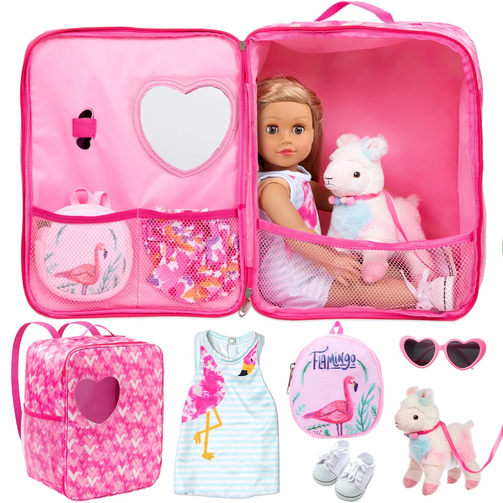 Ecore Fun 18 Inch Girl Doll Carrier Bag with Clothes and Accessories, Including Dress, White Cloth Shoes, Doll Backpack, Sunglasses, Toy Lamb