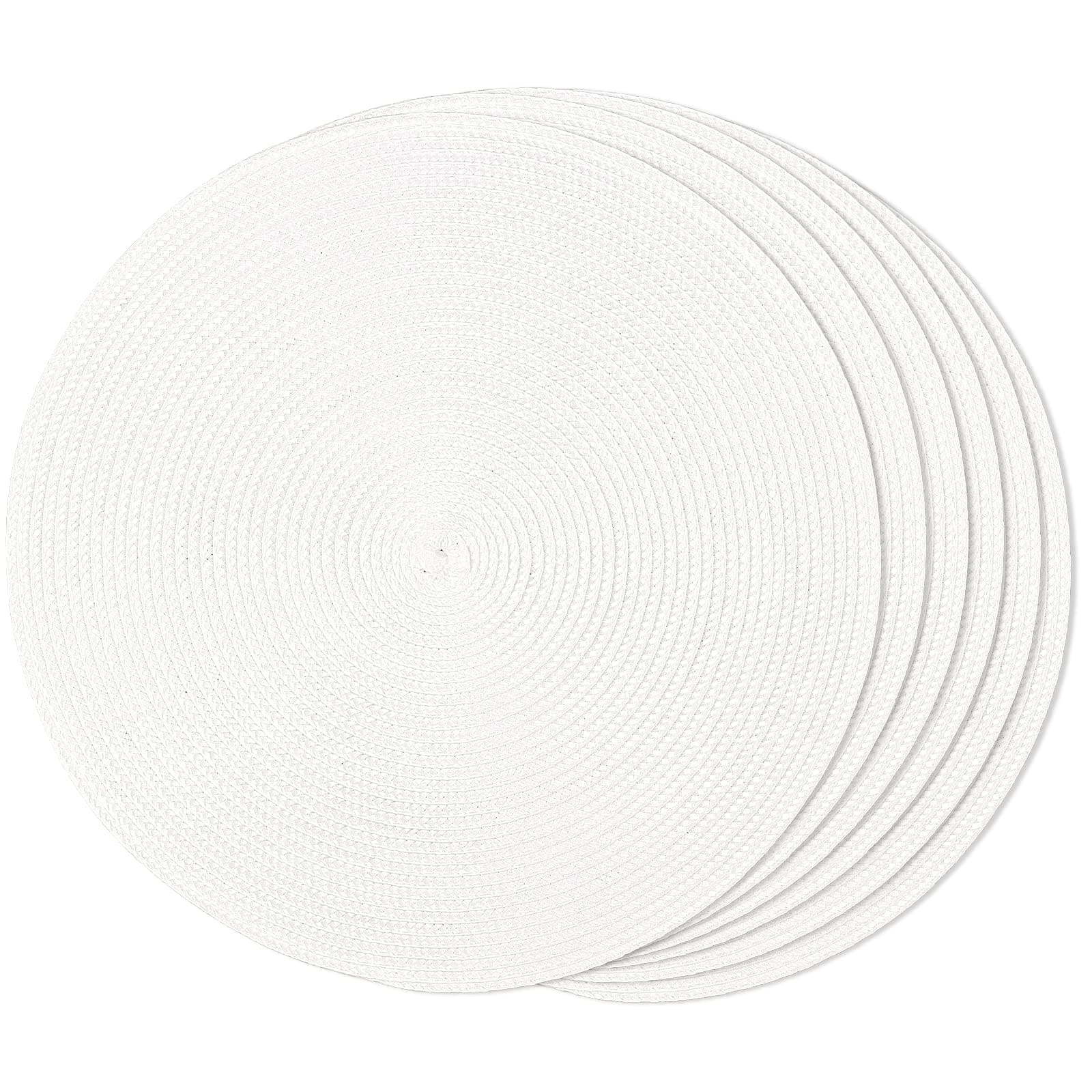FunWheat Round Braided Placemats Set of 6 Table Mats for Dining Tables Woven Washable Non-Slip Place mats 15 inch(White, 6pcs)