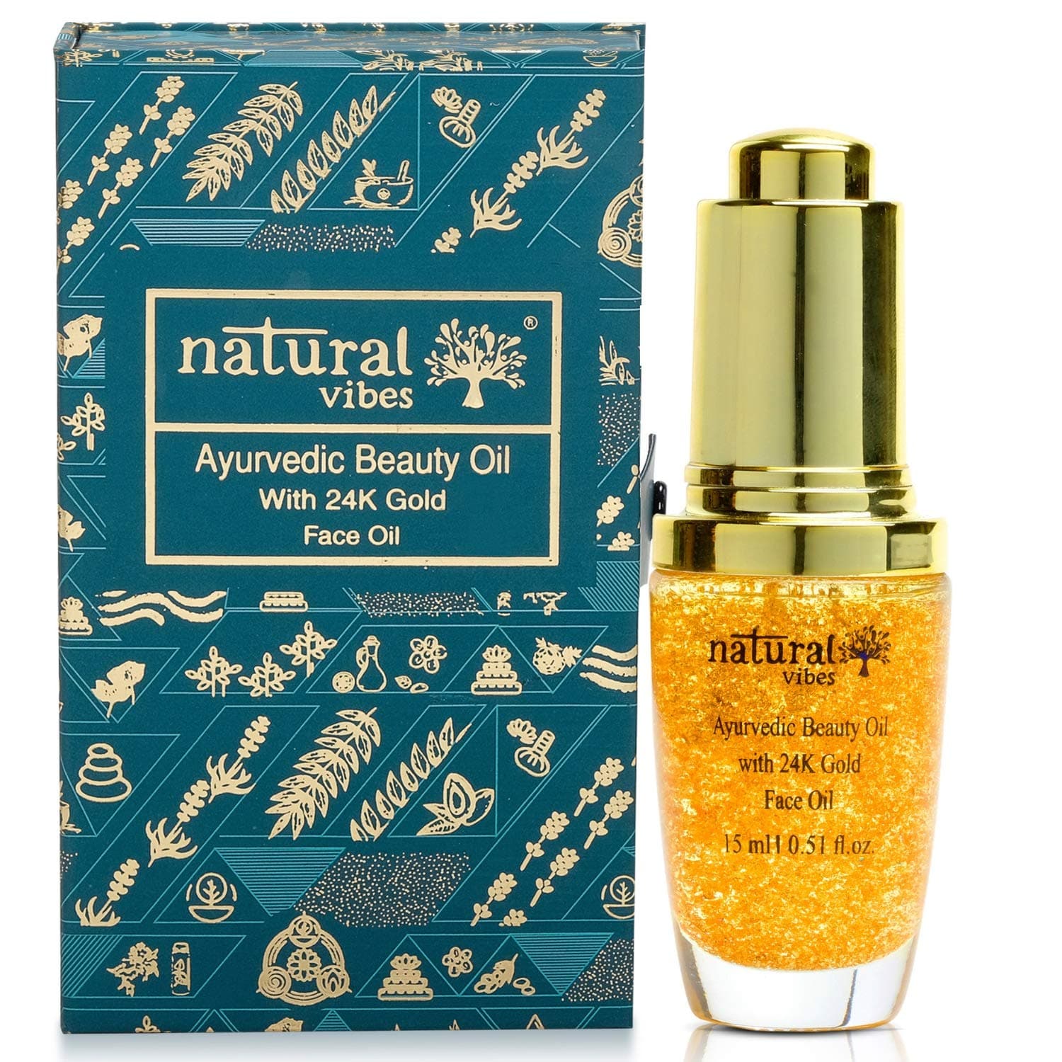 Natural Vibes Beauty Face Oil With Gold Flakes | Elixir For Intense Glow, Brightening & Hydration | Skin Clarifying | Dark Spot & Under Eye Corrector | 15 ml