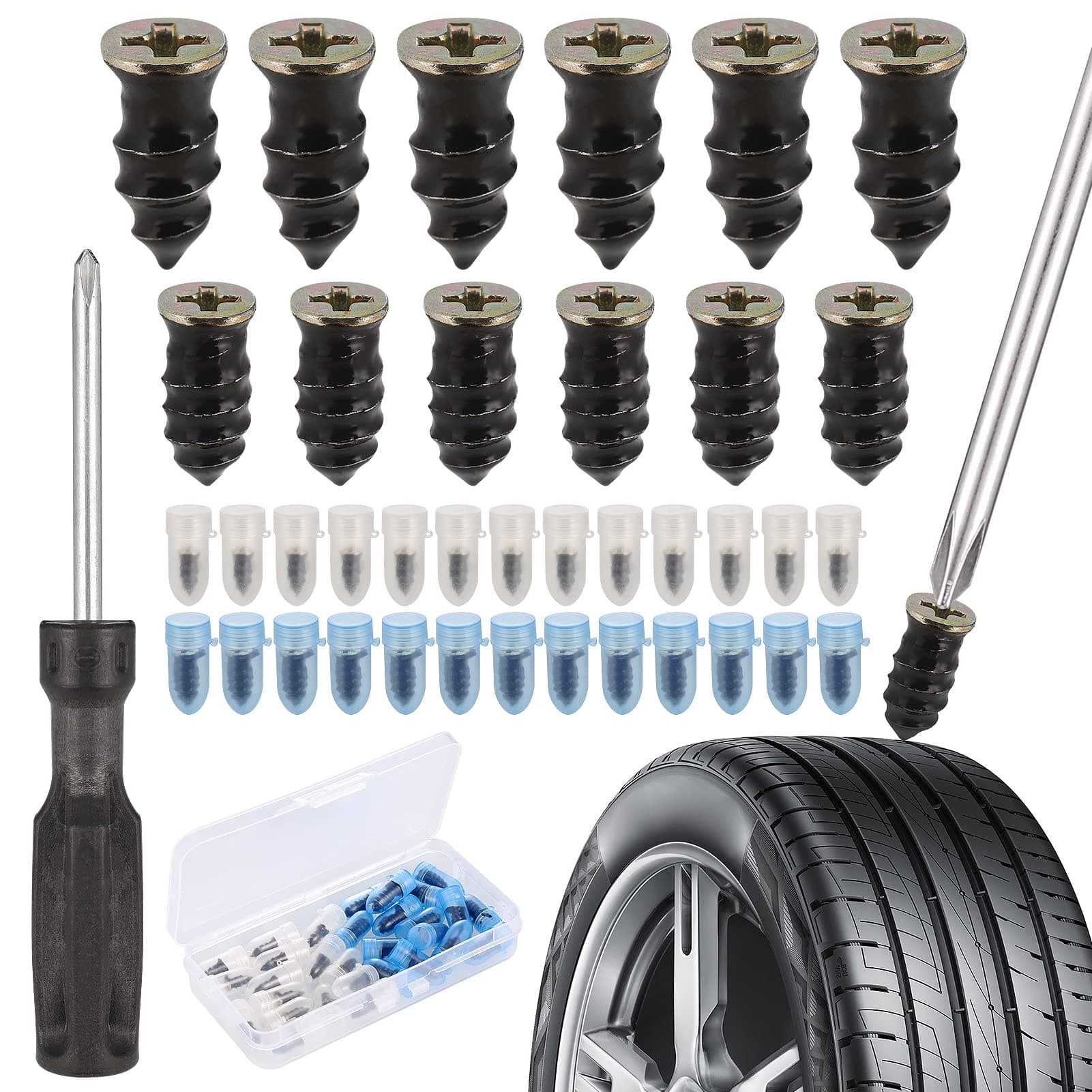 30Pcs Tyre Repair Kit Rubber Nails with Screwdriver, Self-Service Car Puncture Repair Kit, Universal Tire Repair Fast Repair Tool for Motorcycle Auto Car (15 S+15 L)