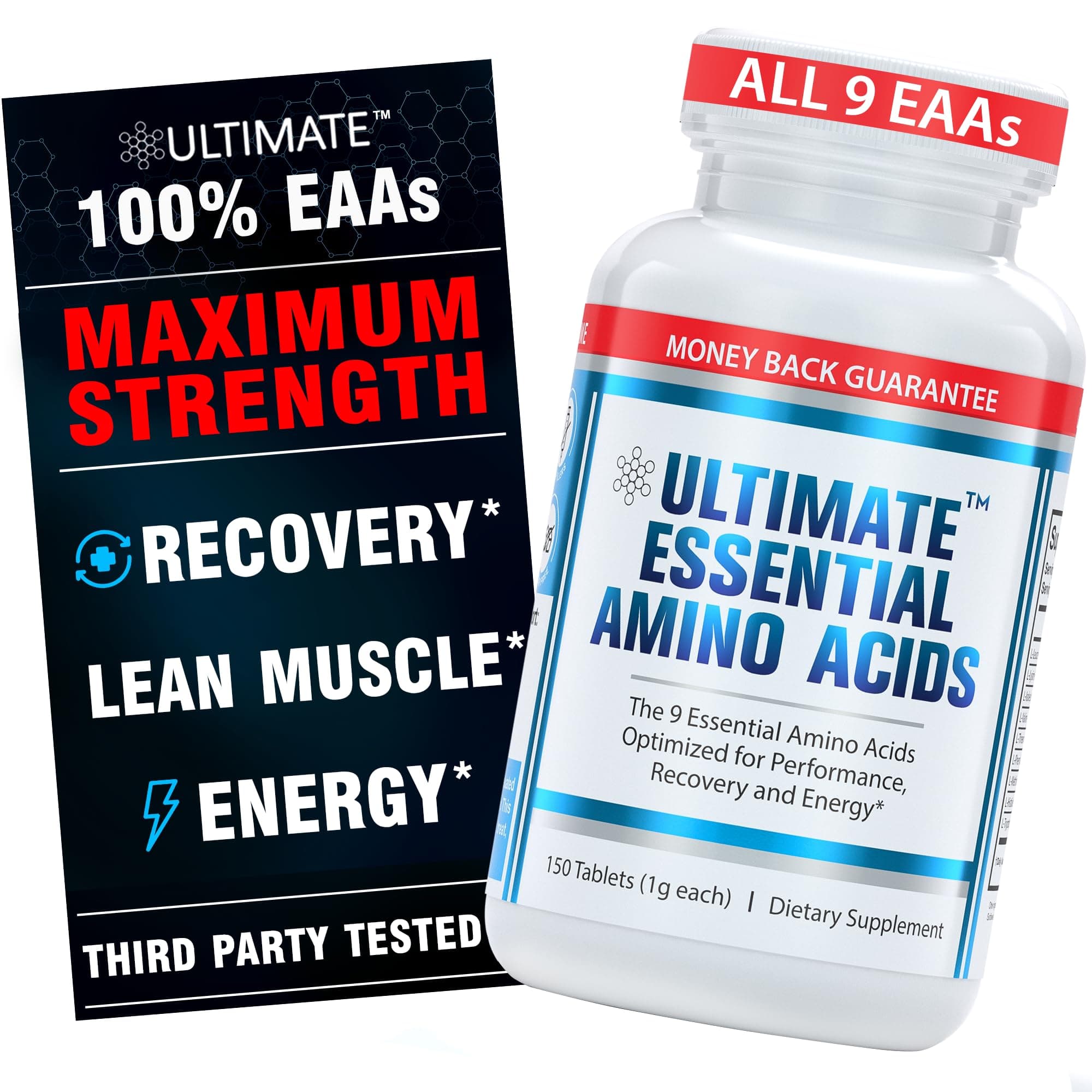 100% Essential Amino Acid Supplement - 150 Easy-to-Swallow, 1g Coated Tablets - All 9 EAA with 40% Leucine in Optimized BCAA Ratio - Increase Energy, Lean Muscle & Recovery - Keto & Vegan