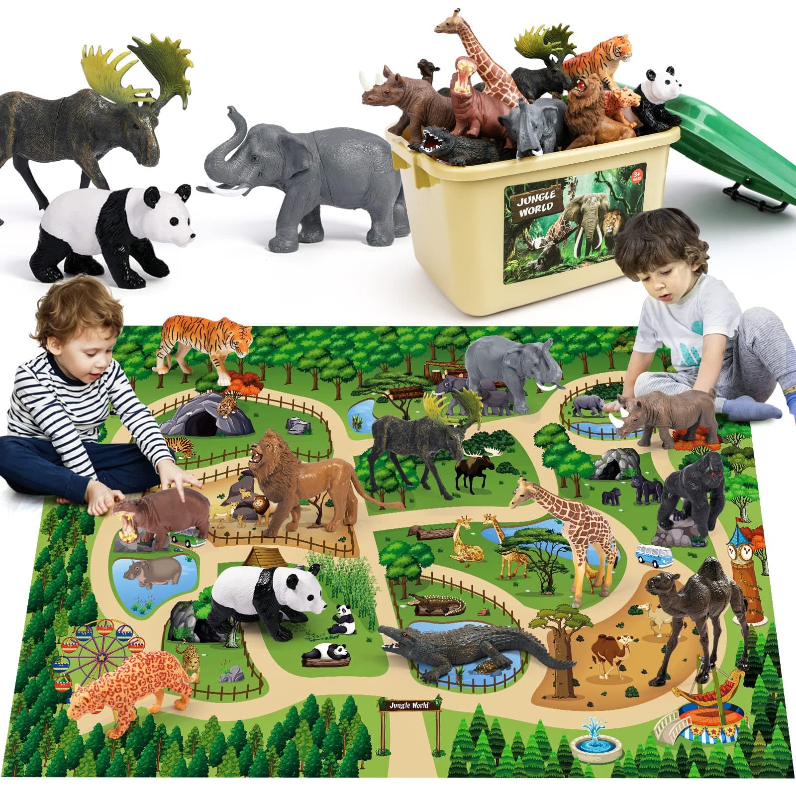 FRUSE Safari Animals Figures Toys with 145x98cm Jumbo Play Mat,12PCS Jungle Zoo Animals Playset with Lion,Elephant,Educational Learning Toys for Kids