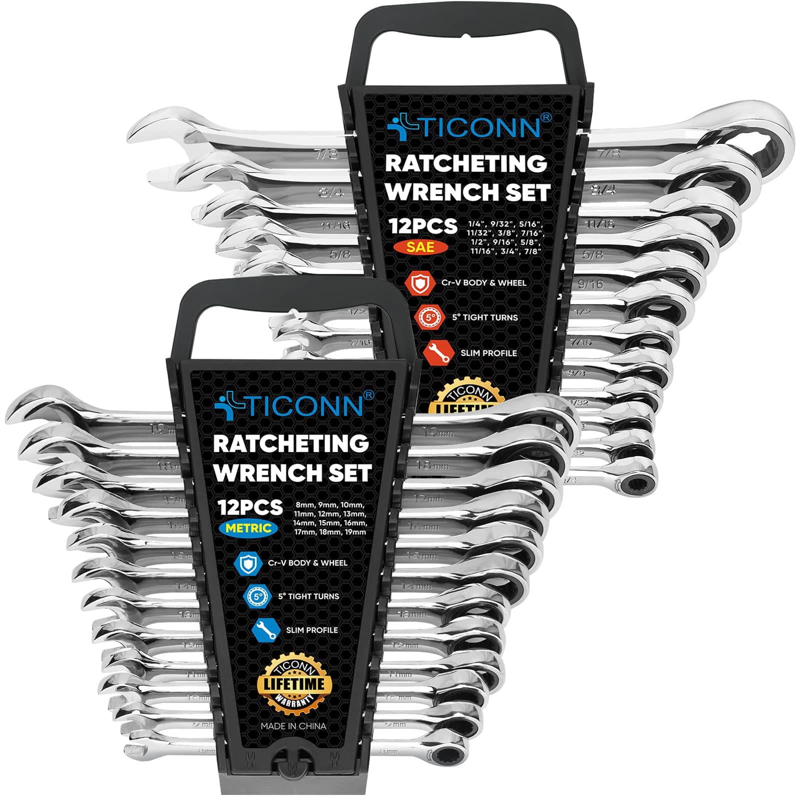 24PCS Ratcheting Wrench Set with Organizer Rack, Professional Slim Profile Mechanic Cr-V Ratchet (12PCS Inch (SAE) & 12PCS mm (Metric))
