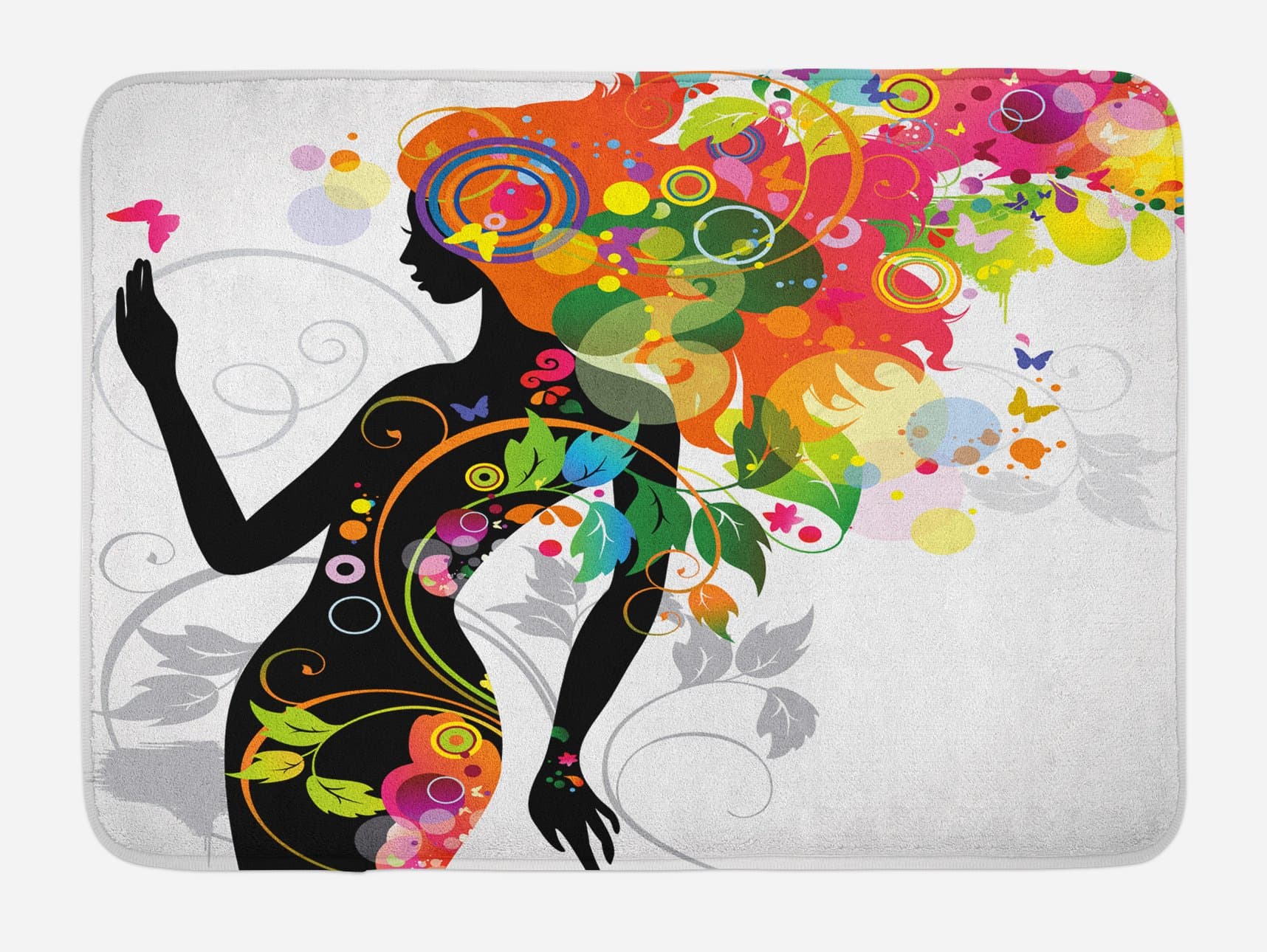 AmbesonneColorful Bath Mat, Madame Butterfly Modern Version Spring Spiral Circles Leaf Botany Girl Print, Plush Bathroom Decor Mat with Non Slip Backing, 30.2" x 20", Multicolor