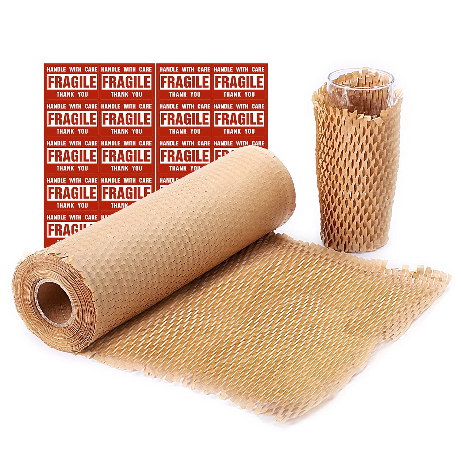 METRONIC Packaging Paper 12"x300' Honeycomb Cushioning Wrap Roll Perforated-Packing，1 Rolls 300 Ft Honeycomb Wrap Roll with 20 Fragile Sticker Labels, Honeycomb Wrap Roll for Packing & Moving