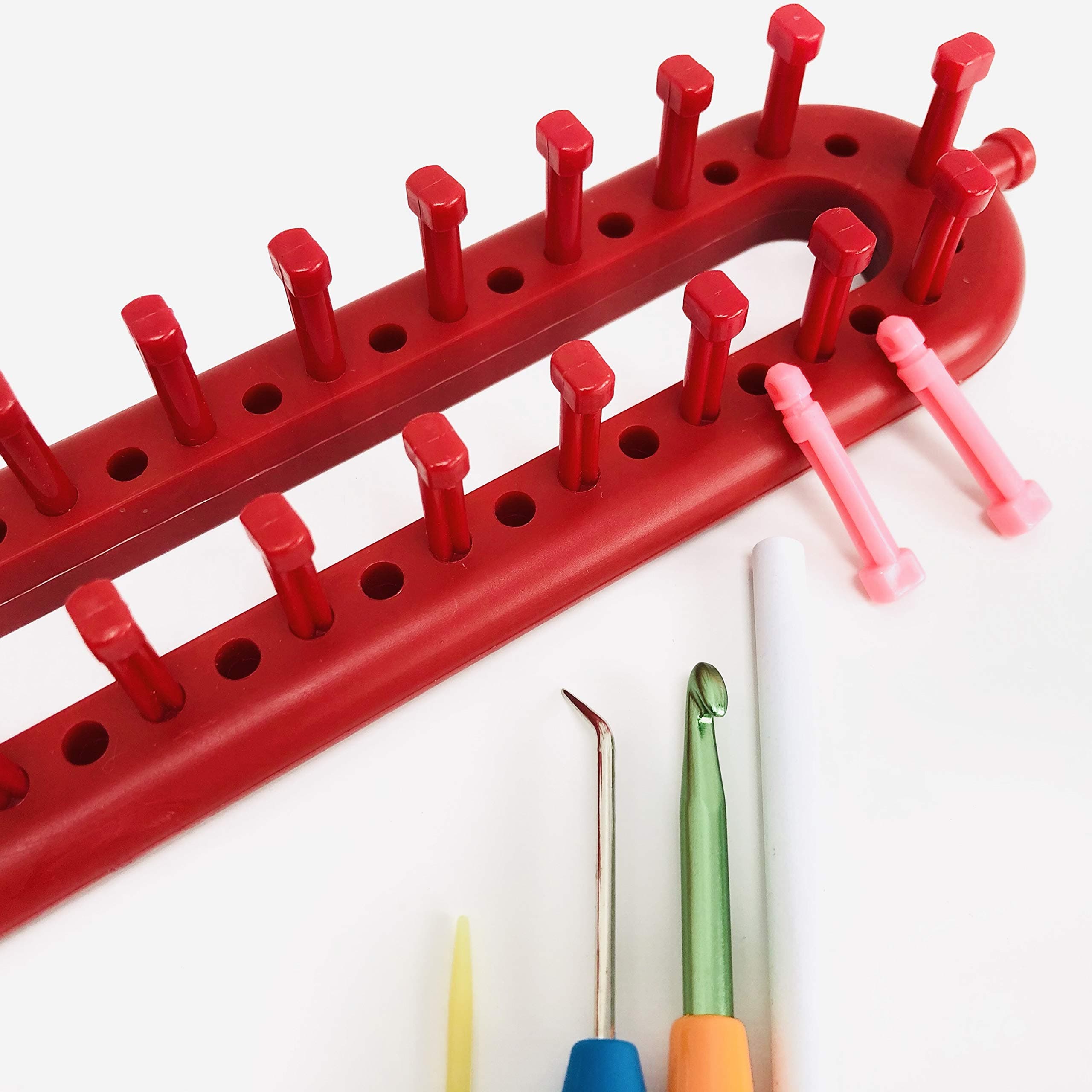 KnitUK Long Red Knitting Loom (26cm). 26 pegs + 26 Pink Extra-pegs.