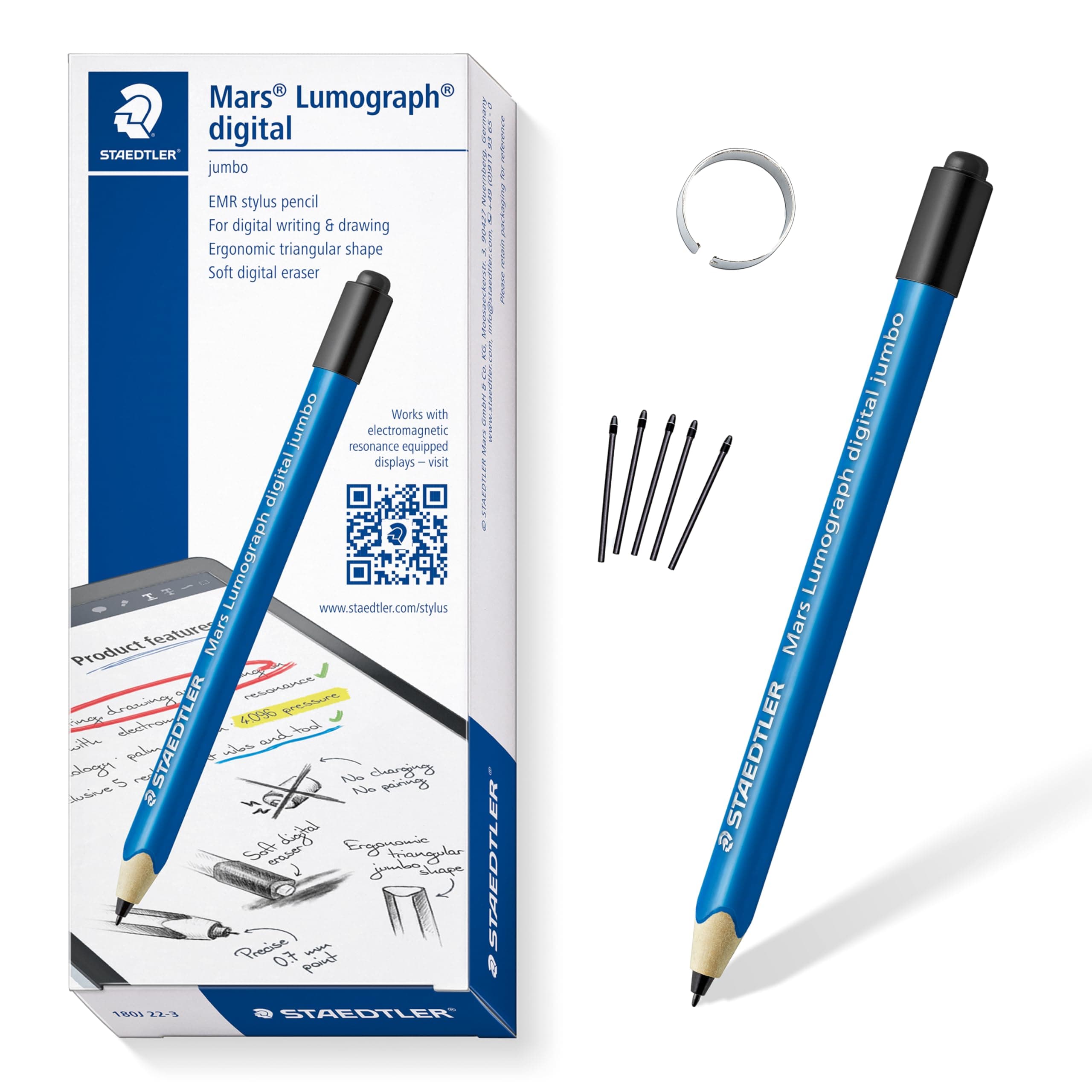 Mars Digital Jumbo 180J 22nd EMR Stylus with Soft Digital Eraser. Stylus for Digital Writing, Drawing and Erasing on EMR Touch Screens (4,096 Pressure Levels, 0.7 mm Tip)