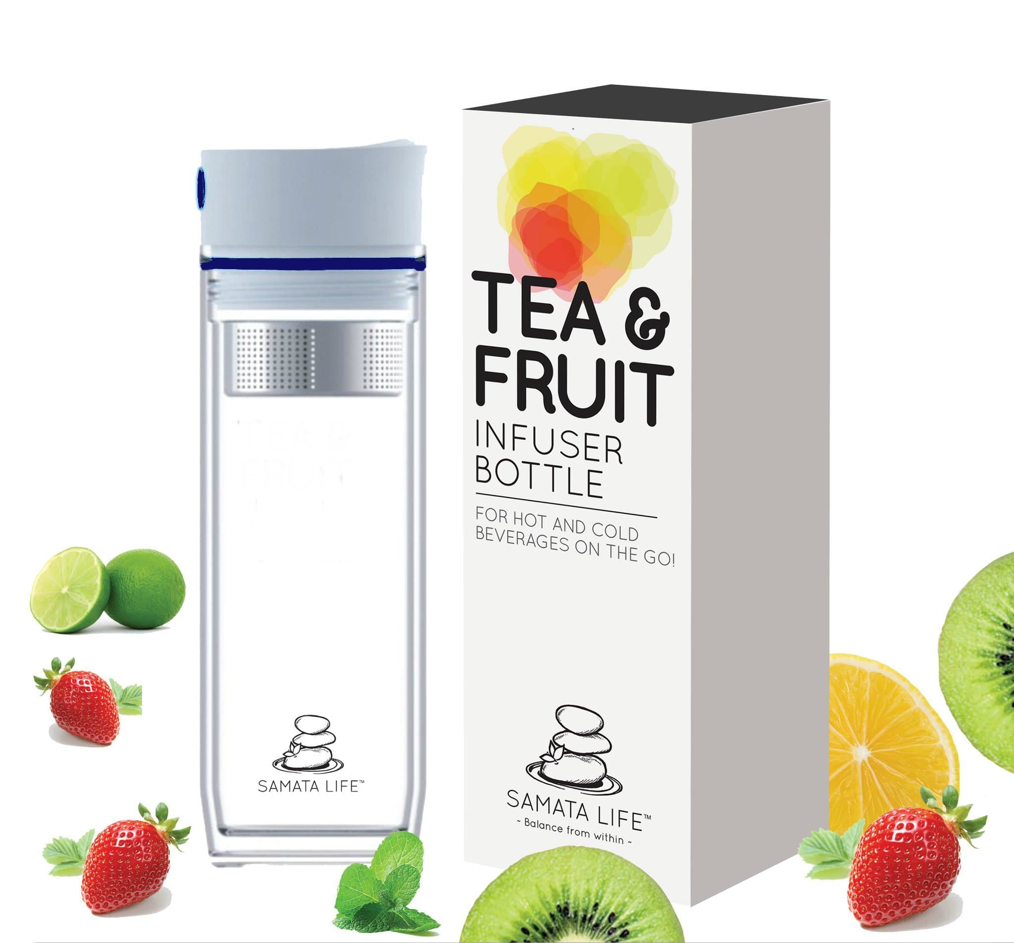 Tea and Fruit Infuser Water Bottle, Double-Walled Loose Tea Tumbler, Travel Mug, Eco-Friendly, Food Grade Quality Plastic, BPA-Free (White/Blue Lid)