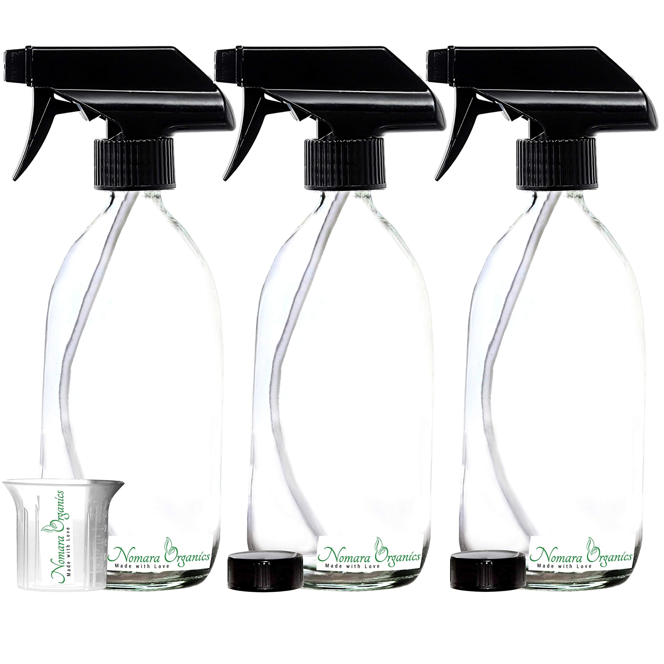 Nomara Organics Clear Glass Spray Bottles 3 x 500ml. Black trigger/Pump/Refillable/watering/organic/oil-vinegar/hair/cleaning products.