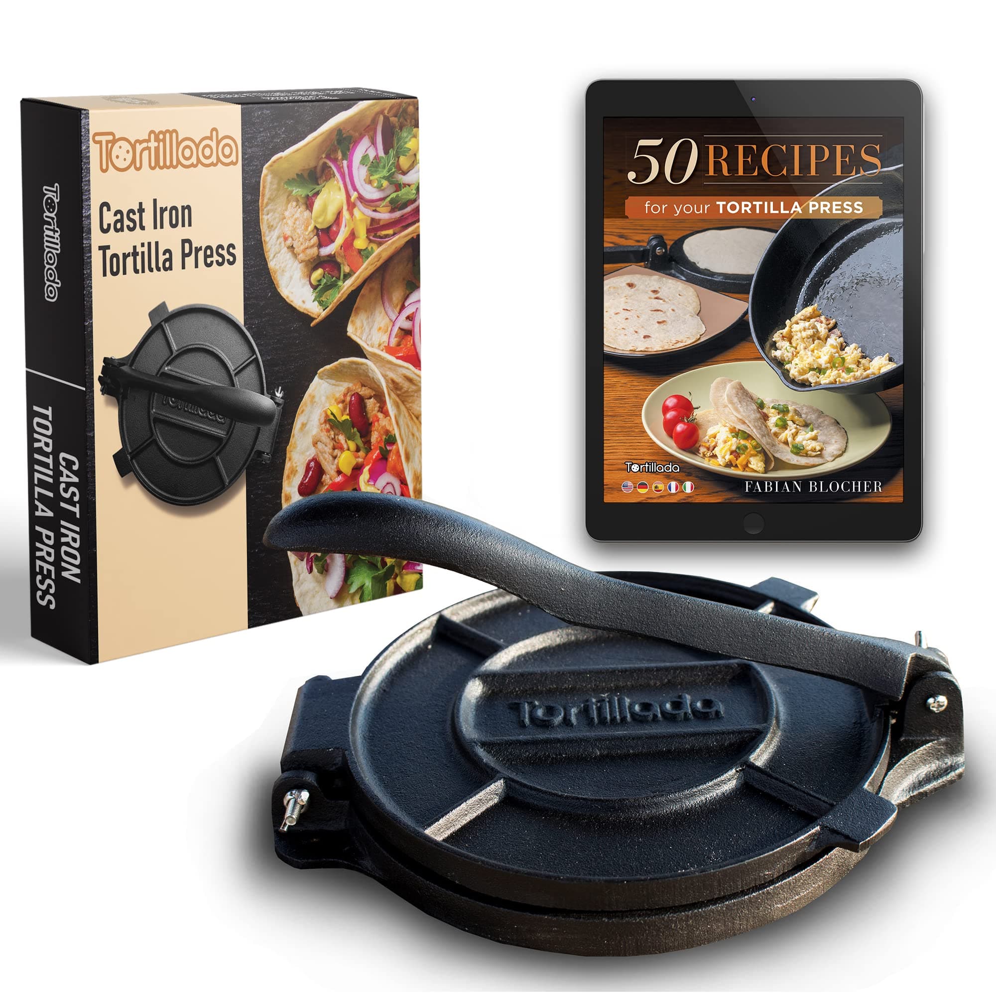 Tortillada – Premium Tortilla Press Cast Iron with Recipes E-Book (10 Inch)