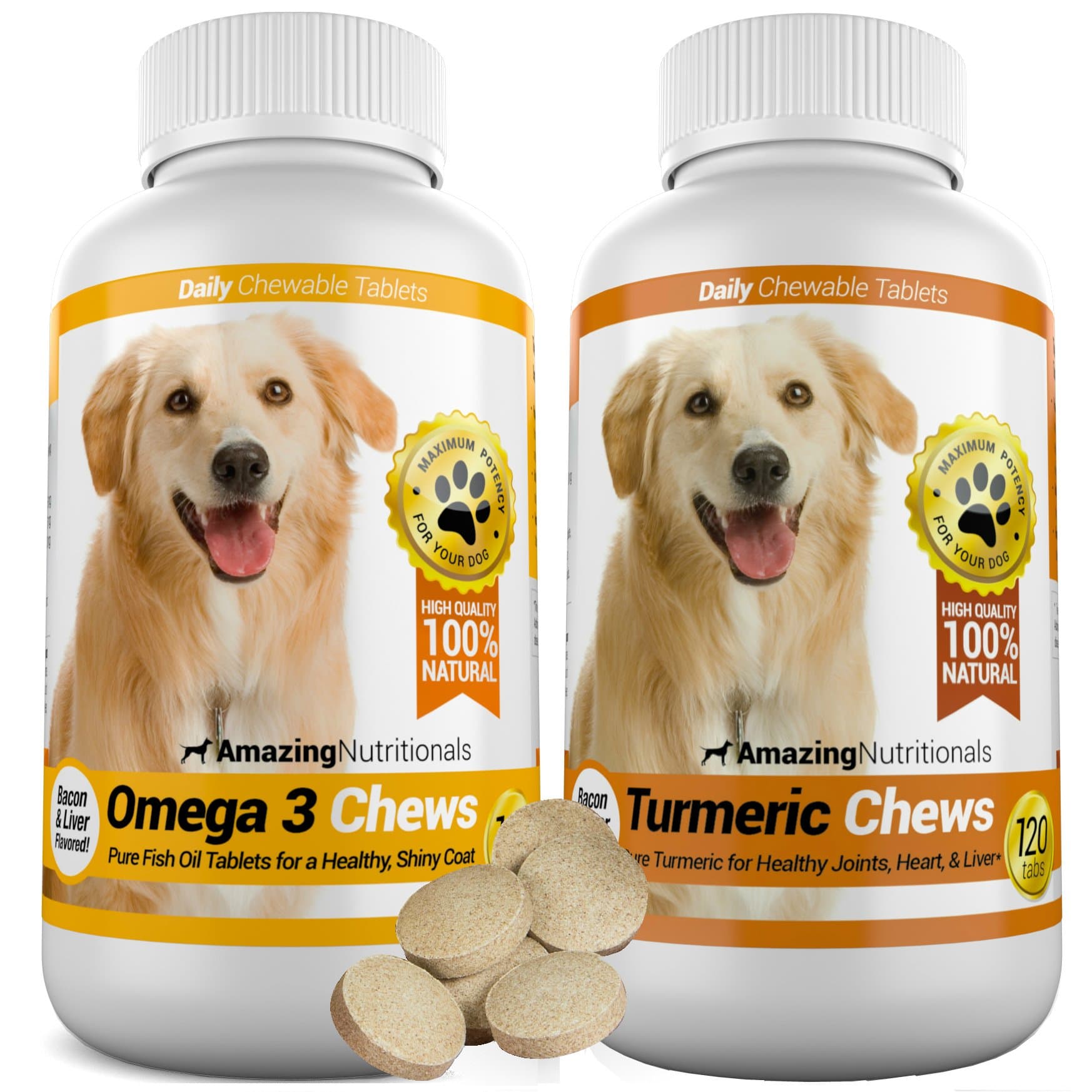 Amazing Combo Omega-3 Fish Oil and Turmeric Curcumin for Dogs - Pure All-Natural Pet Antioxidant - Promotes Shiny Coat, Brain Health, Eliminates Joint Pain, 120 Tasty Chews x 2