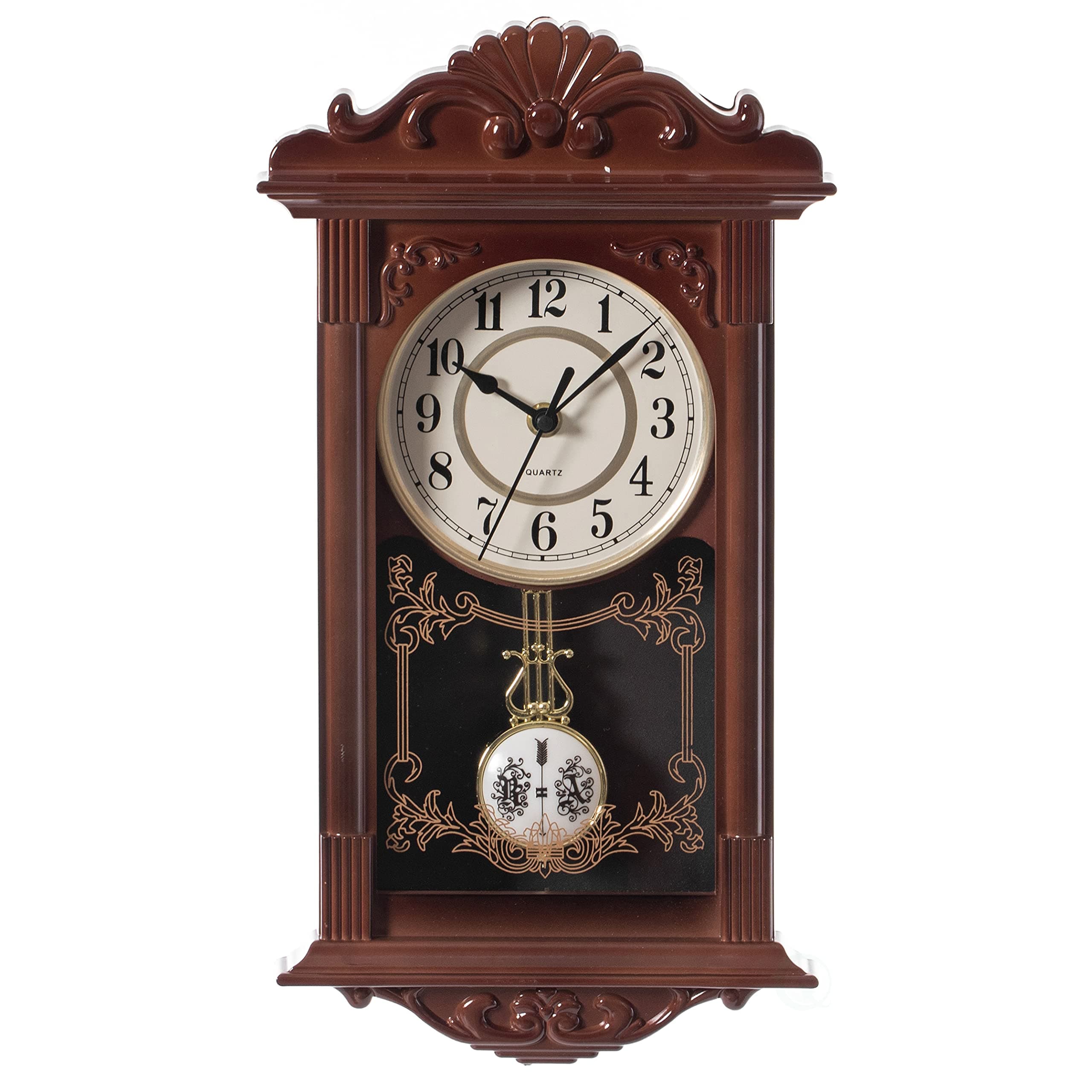Clockswise Quickway Imports Vintage Grandfather Wood- Looking Plastic Pendulum Wall Clock for Living Room, Kitchen, or Dining Room, Brown