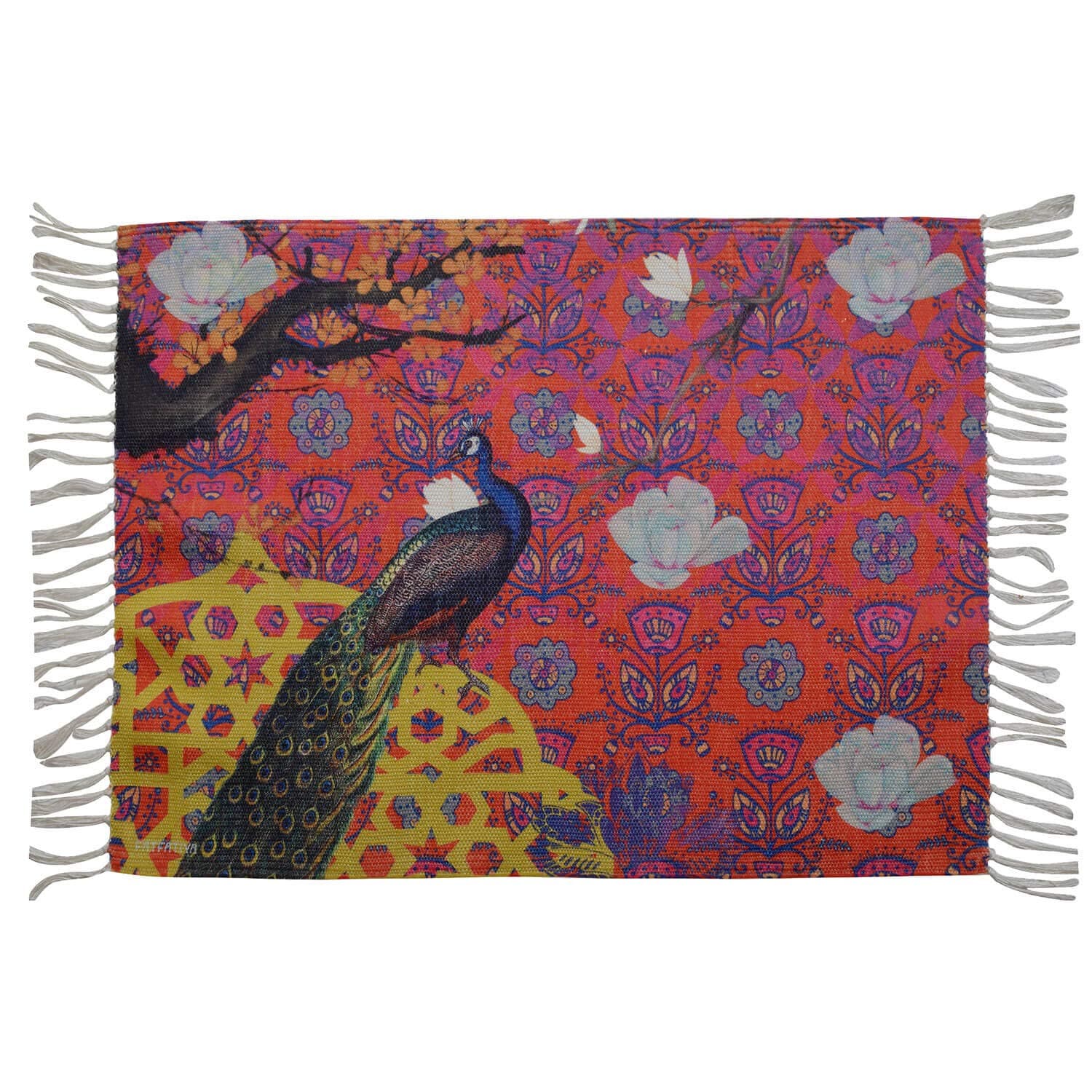 Fatfatiya Gorgeous Indian Peacock Floor Rug (Red, 2 x 3 Feet) - Small Entryway Rug Printed Doormat Vintage Non-Slip Washable Low-Pile Carpet for Indoor Front Entrance