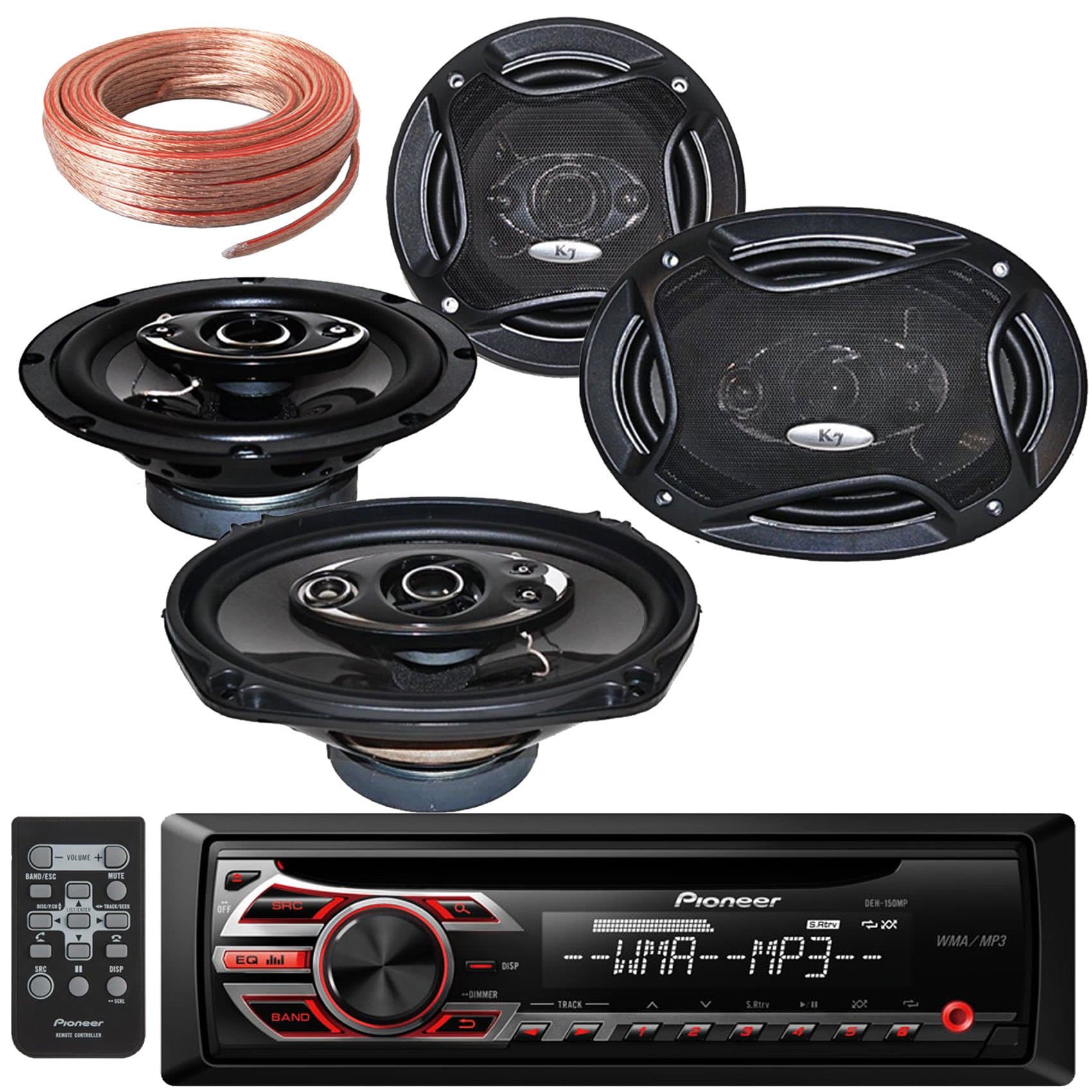 Package Bundle - Pioneer DEH-150MP Single DIN MP3 Car Stereo With Pairs of K65.4 6.5-Inchs 6-1/2" 400W 4-Way + Pair of K69.5 6x9-INCHS 6"x9" 700W 5-WAY Car Speakers / 4 Speakers + 100Ft Cable