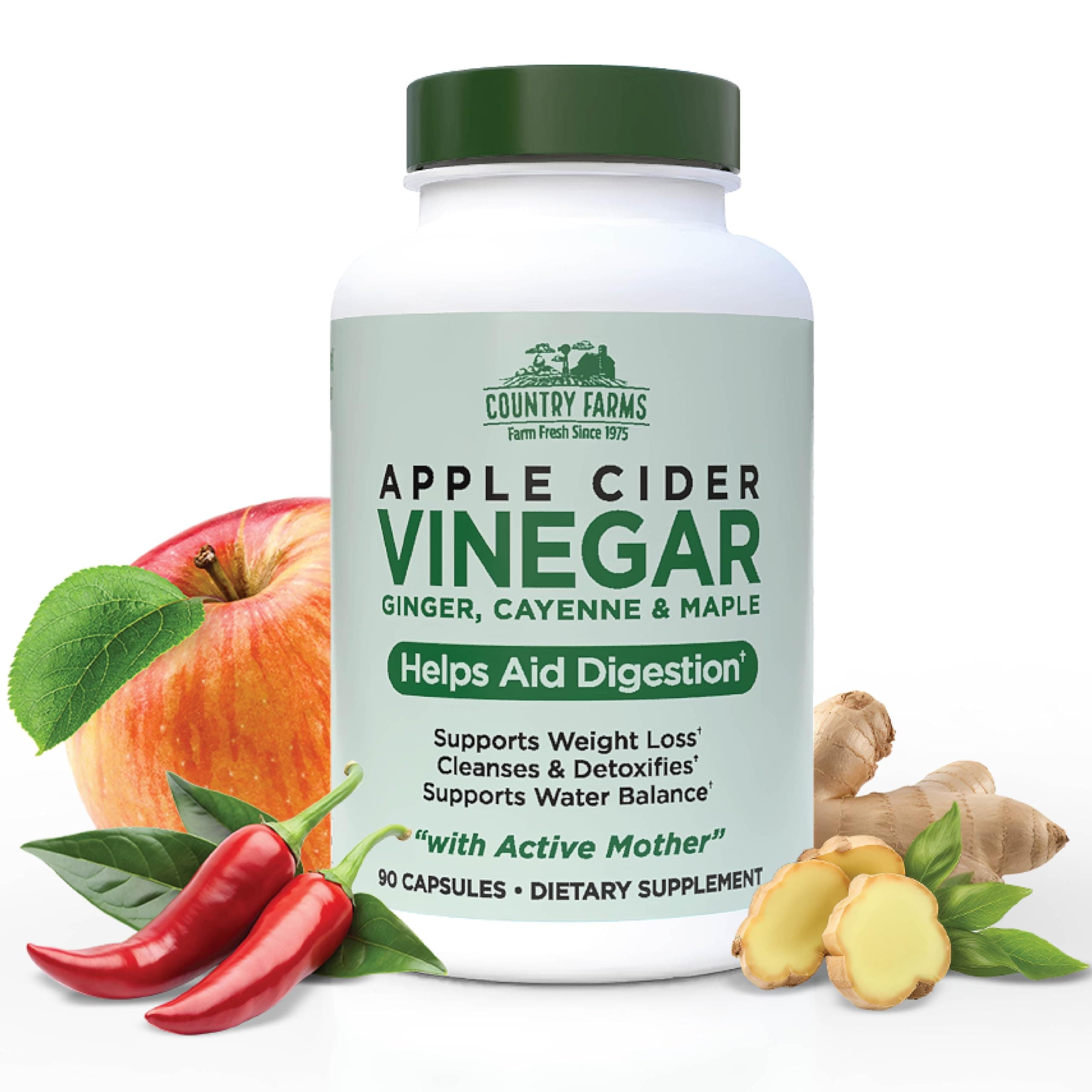 Country Farms Apple Cider Vinegar Capsules, with Ginger, Cayenne and Maple, Helps Aid Digestion, Supports Healthy Weight Loss, Cleanses and Detoxifies, Supports Water Balance, 90 Count, 90 Servings