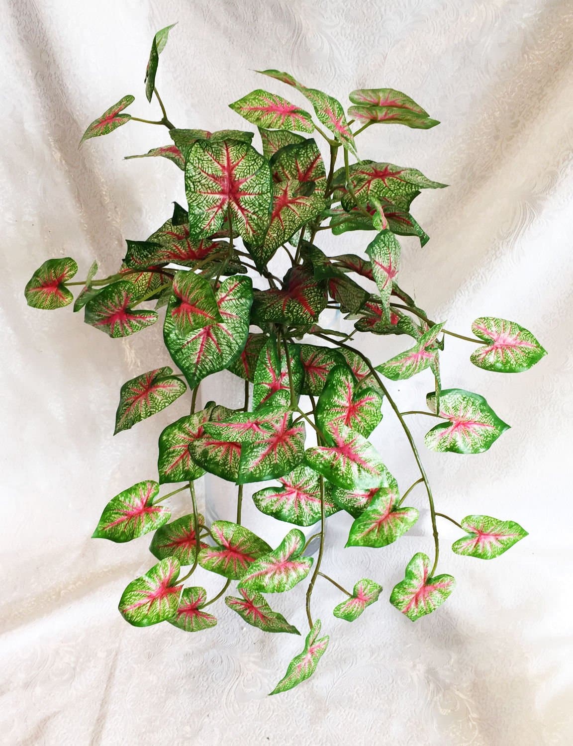 1 Pieces Artificial Plants Caladium Bush Green & Pink Centerpieces Decoration Hanging Fake Faux Plastic Arrangements Wedding Office Bridal Sprays Crafts Floral Home Decor