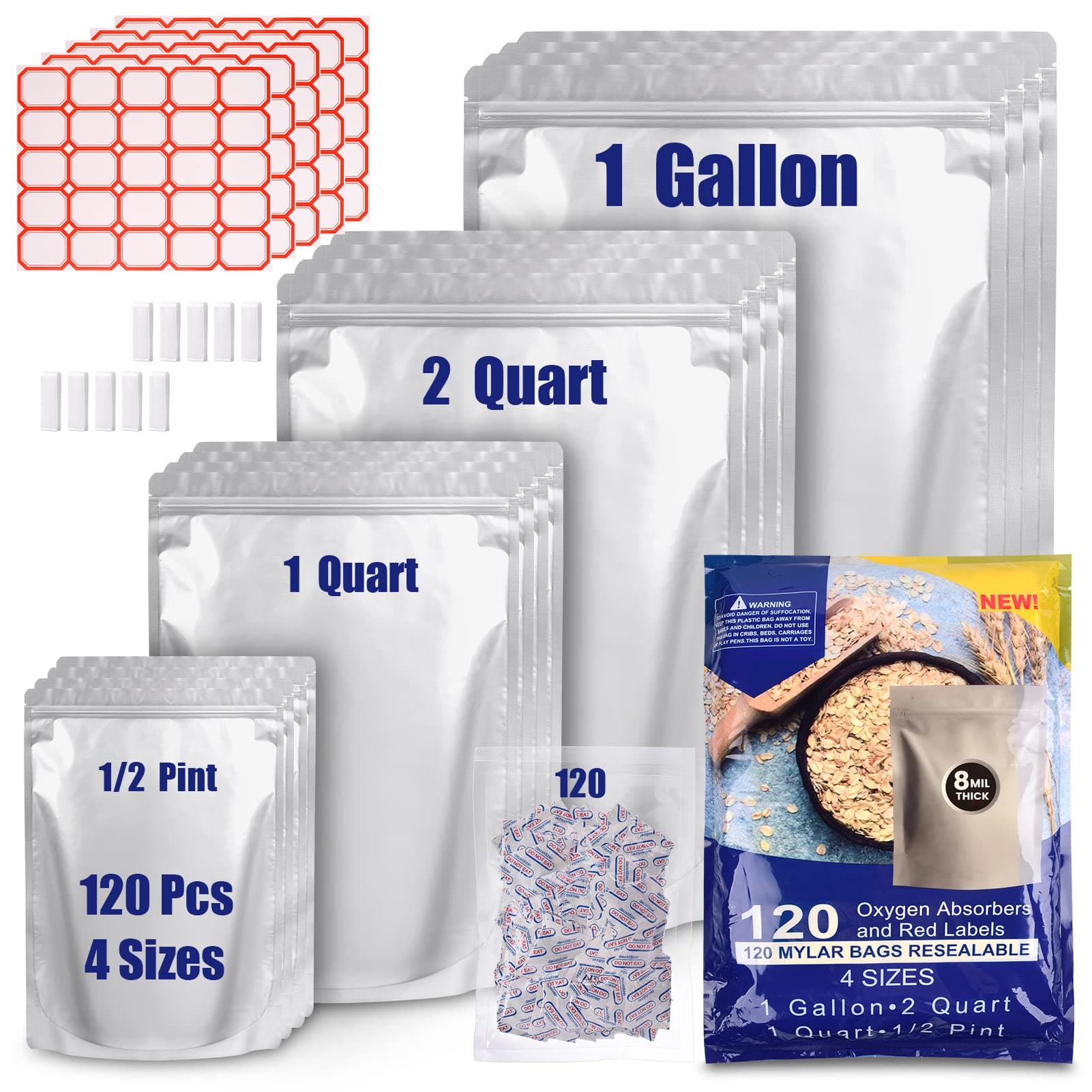 120 Food Storage Mylar Bags with Oxygen Absorbent 300cc, 8 Mil 1 Gallon 10"x14", 7.5"x11.5", 6"x9", 4.3"x6.3" Stand Up Zipper Resealable Bags & Heat Sealable Food Storage Bags + Labels