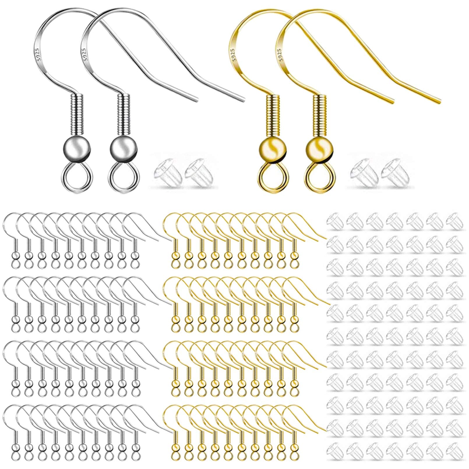 100 Pair 925 Silver Hypoallergenic Earring Hooks, Earring Making Supplies Kit with Ear Wires Fish Hooks and Clear Rubber Earring Backs for DIY Jewelry Making(Silver&Gold - 400Pcs)