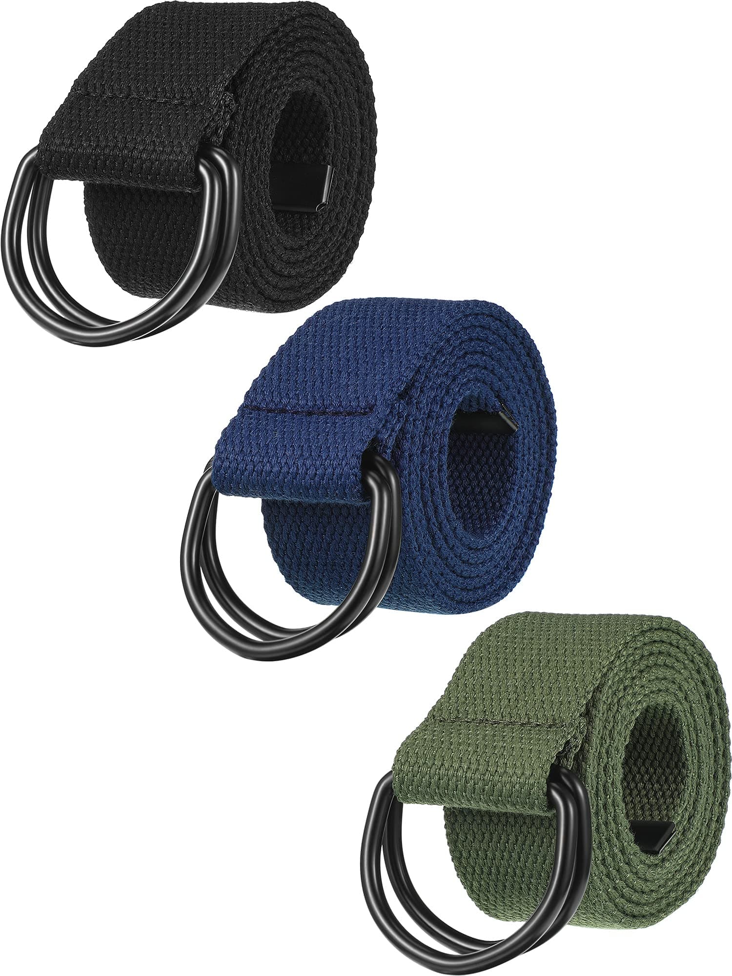 3-Piece Men's Canvas Belt with Metal Double D Ring Buckle - Military Style Casual Belts in Army Green, Black, Dark Blue