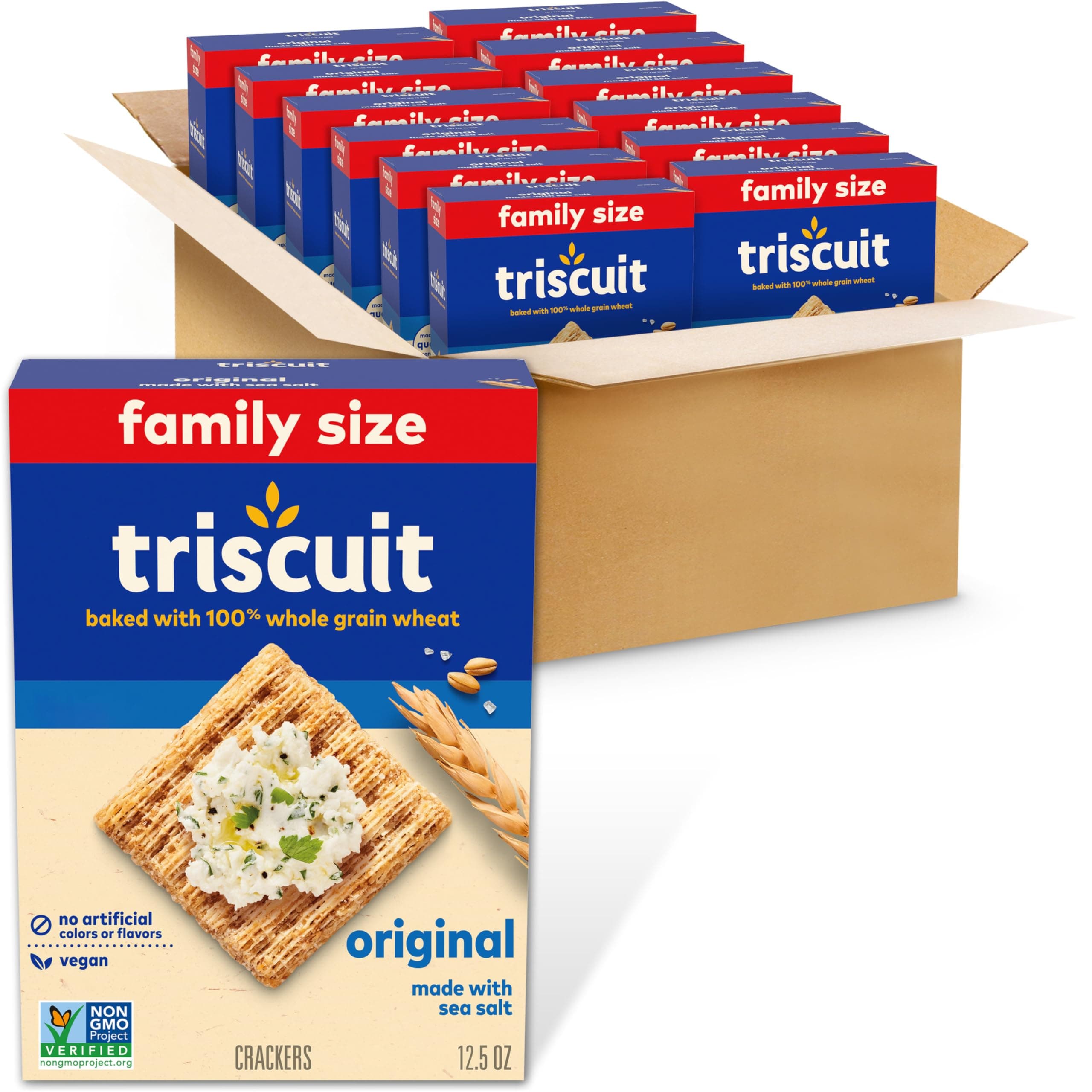 Triscuit Original Whole Grain Wheat Crackers, Vegan Crackers, Family Size, 12 - 12.5 oz Boxes