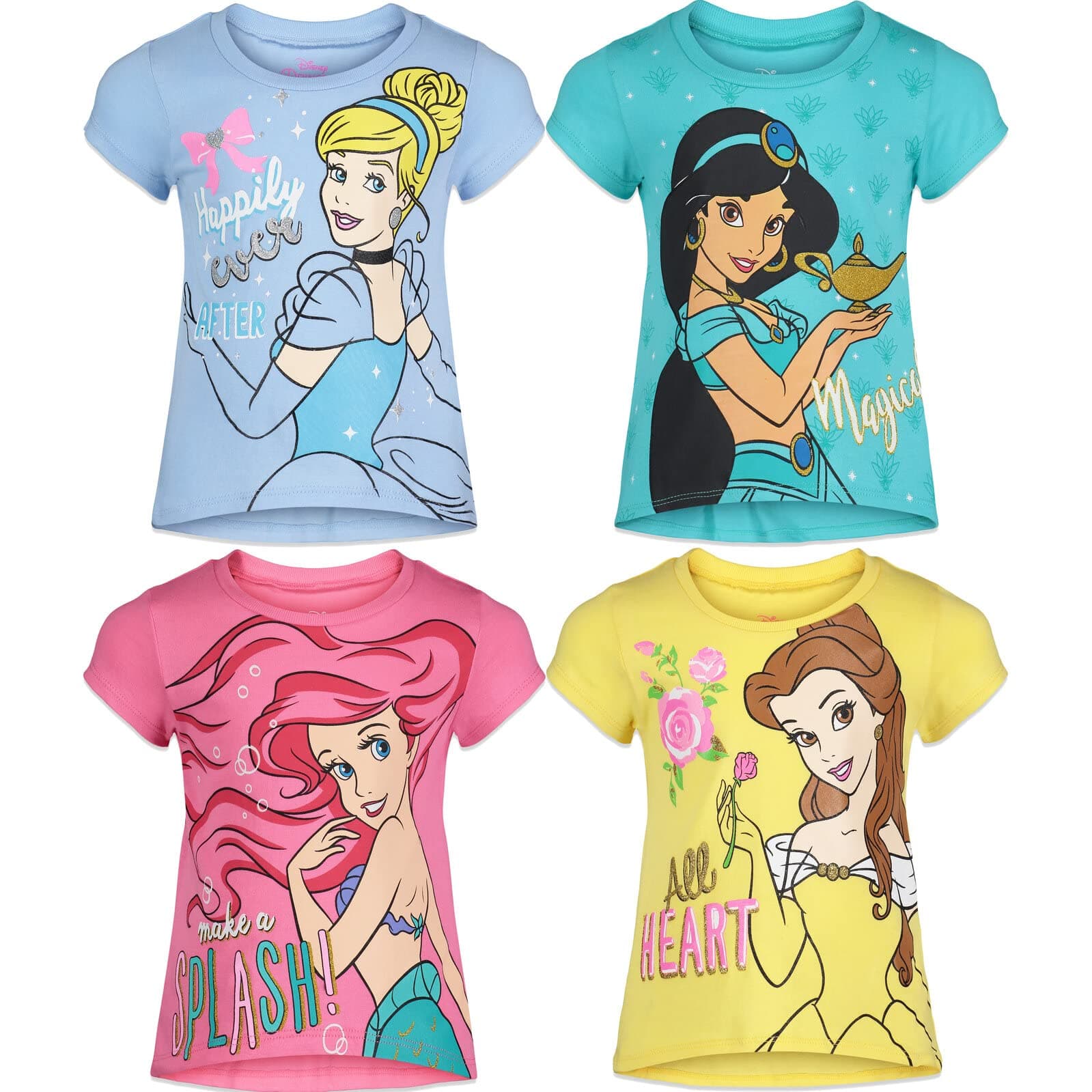Disney Princess Girls 4 Pack Short Sleeve T-Shirts
