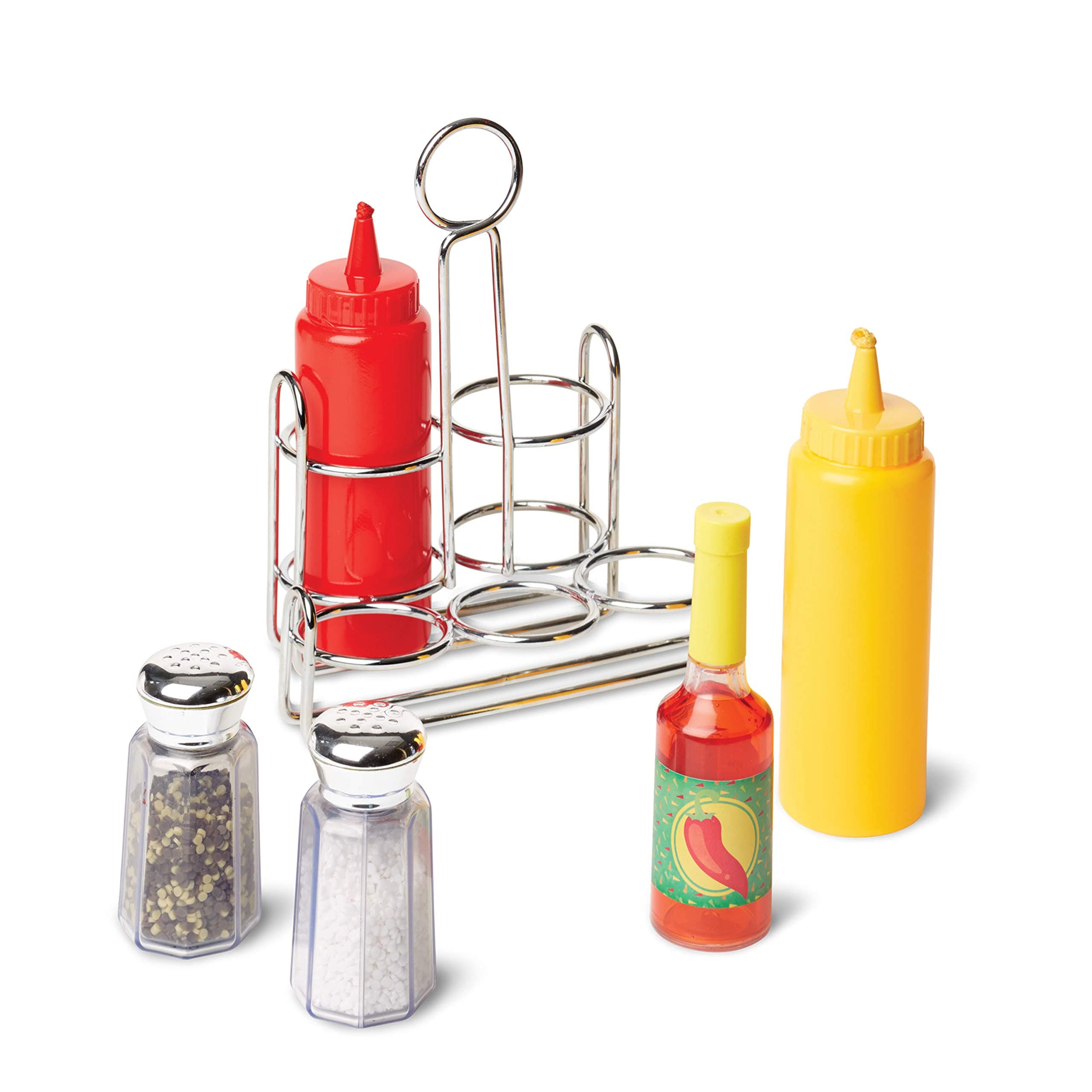 Condiments Set – 6-Piece Wooden Pretend Play Set with Ketchup, Mustard, Hot Sauce, Salt & Pepper Shakers, Caddy & Squeezable Sounds – Toy for Kids Ages 3 & Up | MD9358