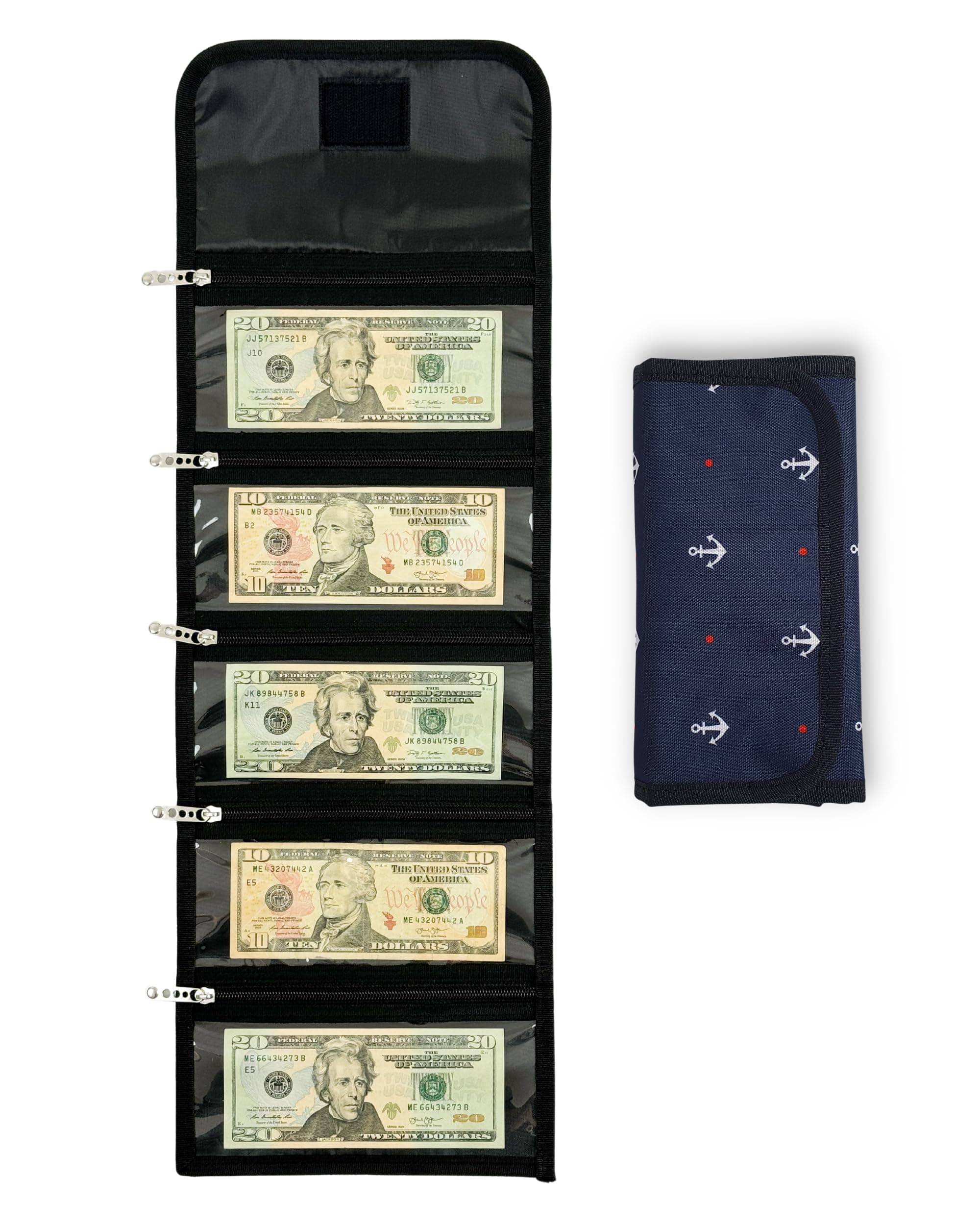 Money Wallet Organizer for Cash with 5 Zippered Pockets - Handy Currency Organizer & Cash Envelope Wallet - Ideal Money Holder for Bills, Coins, Foreign Currencies and Travel - Anchor
