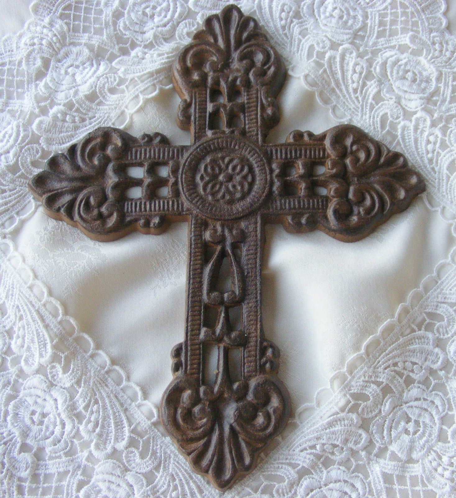 Cast Iron Fleur De Lis Wall Cross Brown
