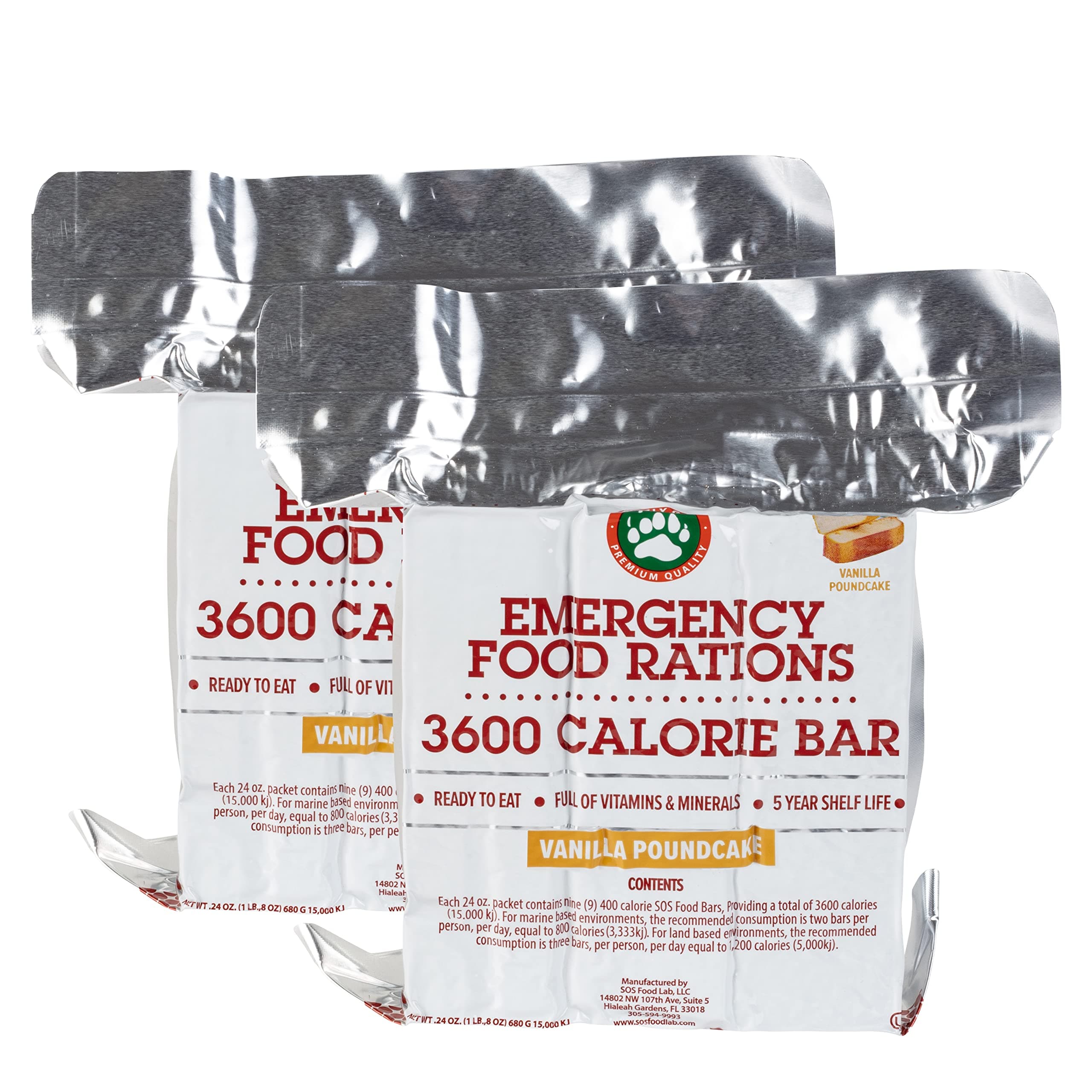 Emergency Food Rations- 3600 Calorie Vanilla Bars (2 Pack) - 6 Day, 144 Hour Supply For Disaster, Hurricane, Flood Preparedness - Less Sugar, More Nutrients - 5 Year Shelf Life