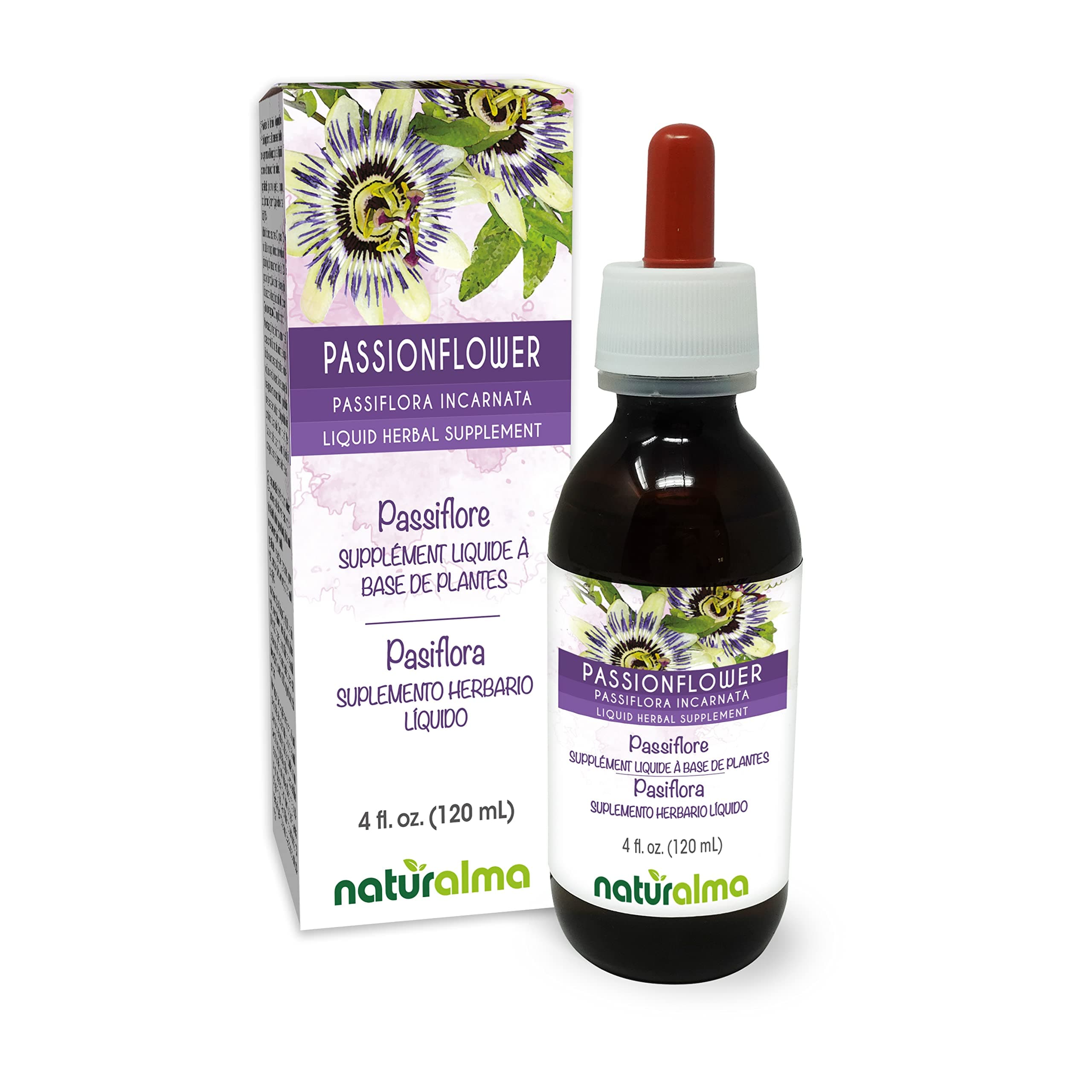 Passionflower (Passiflora incarnata) herb with Flowers Alcohol-Free Tincture 4 fl oz Liquid Extract in Drops | Herbal Supplement | Vegan | Product of Italy