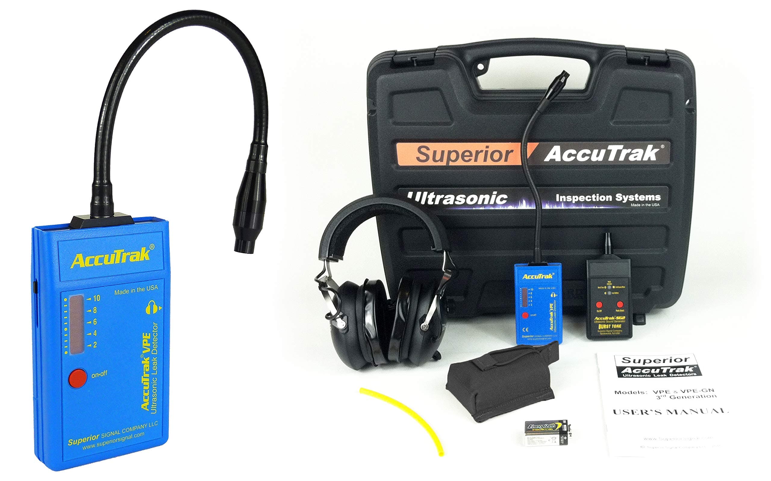 Superior AccuTrak VPE-GN PRO-PLUS Gooseneck Ultrasonic Leak Detector Pro-Plus Kit, Includes VPE Leak Detector, Headset, Battery, Large Carry Case, Touch Probe, Waveguide, Sound Generator, Noise Blocking Headphones