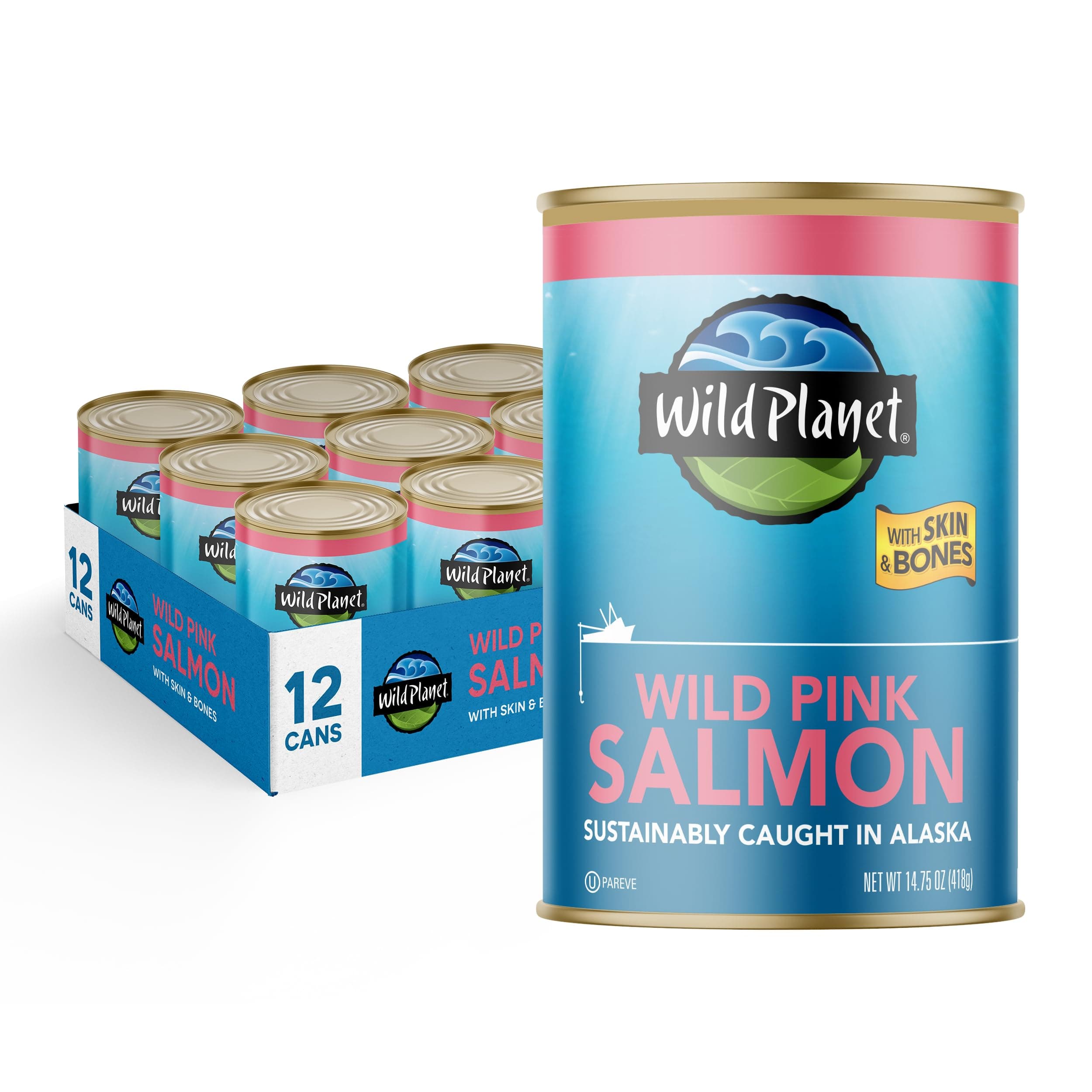 Wild Pink Salmon With Skin and Bones, Tinned Fish, Canned Salmon, Sustainably Wild-Caught, Non-GMO, Kosher, Gluten Free, Keto and Paleo, 14.75 Ounce (Pack of 12)