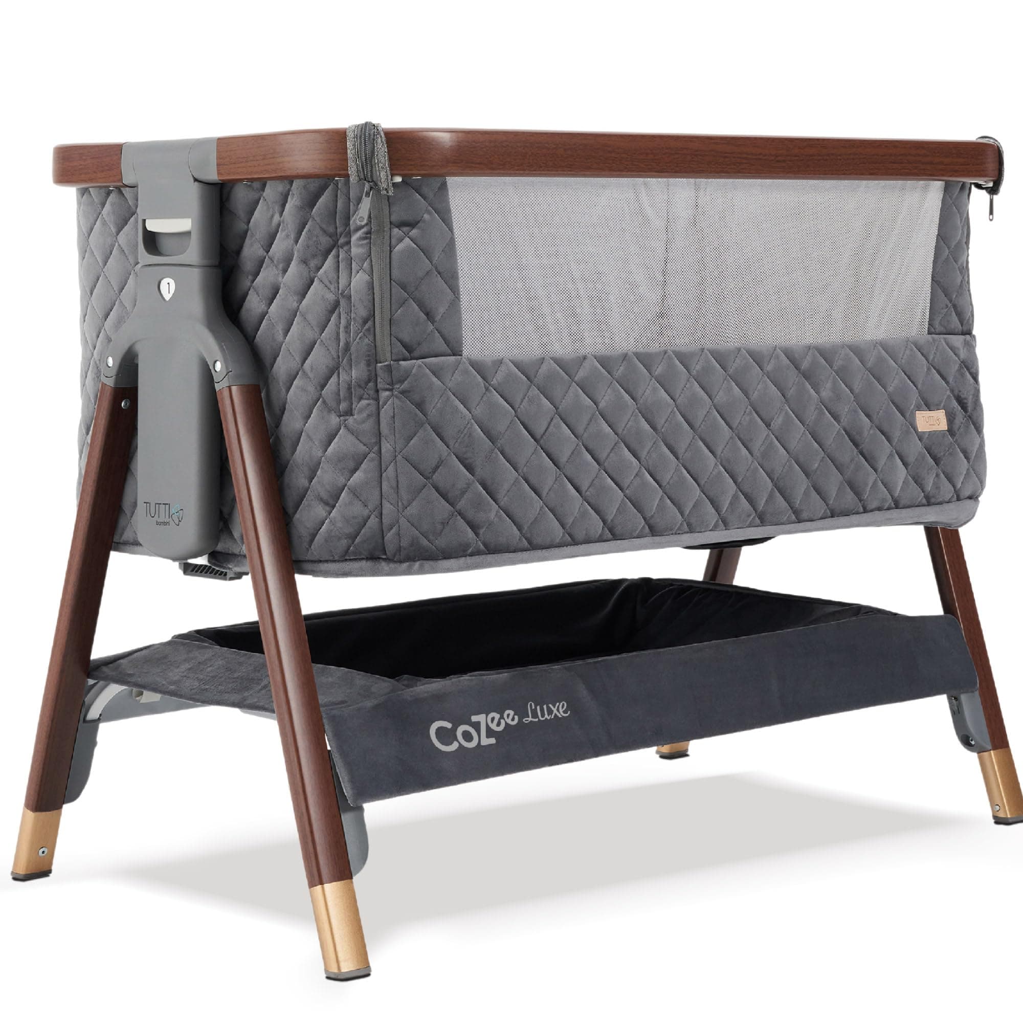 CoZee Luxe Bedside Bassinet & Sleeper for Newborns to 6 Months, Adjustable Height Portable Baby Bassinet with Mattress, Safety Straps & Travel Bag (Walnut/Slate)
