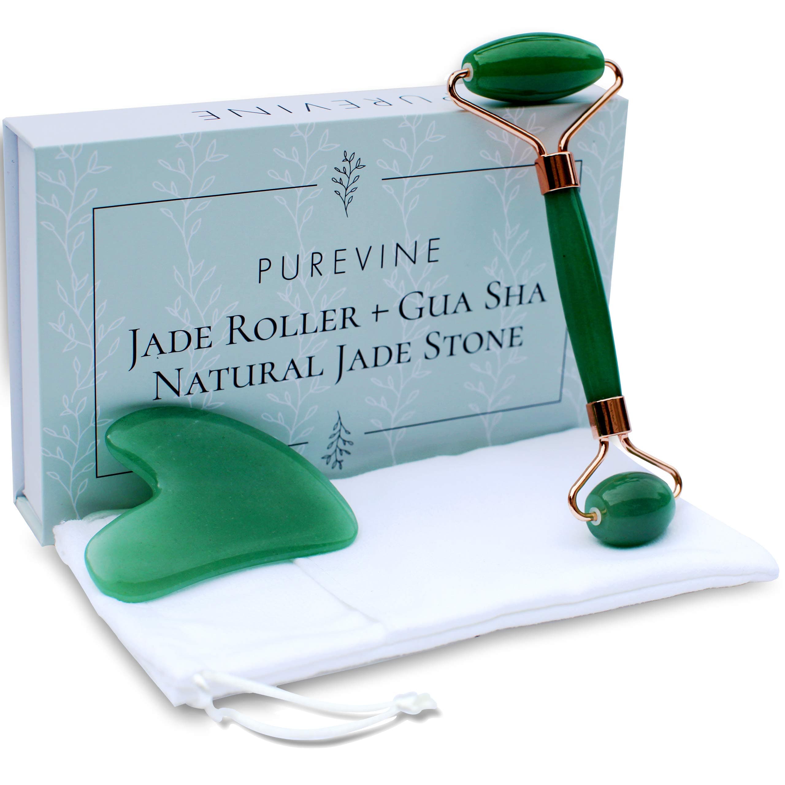 Jade Roller for Face and Gua Sha Scraping Tool Kit with Carry Pouch - Natural Stone Anti Aging Beauty Facial Massage Set - Beautiful Skin Detox Helps Reduce Wrinkles, Puffy Eyes, Fine Lines