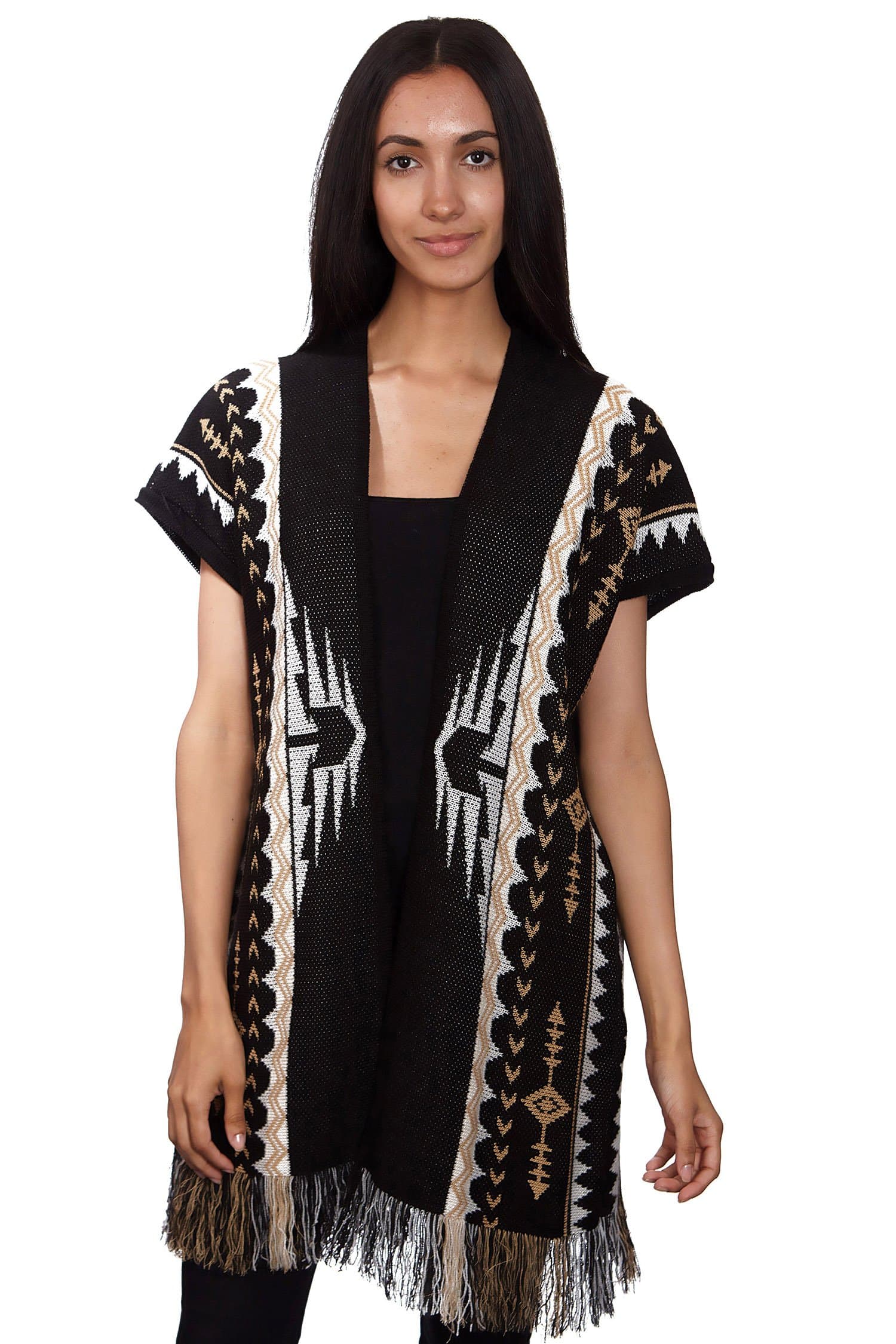 Womens Aztec Pattern Cape with Fringes,