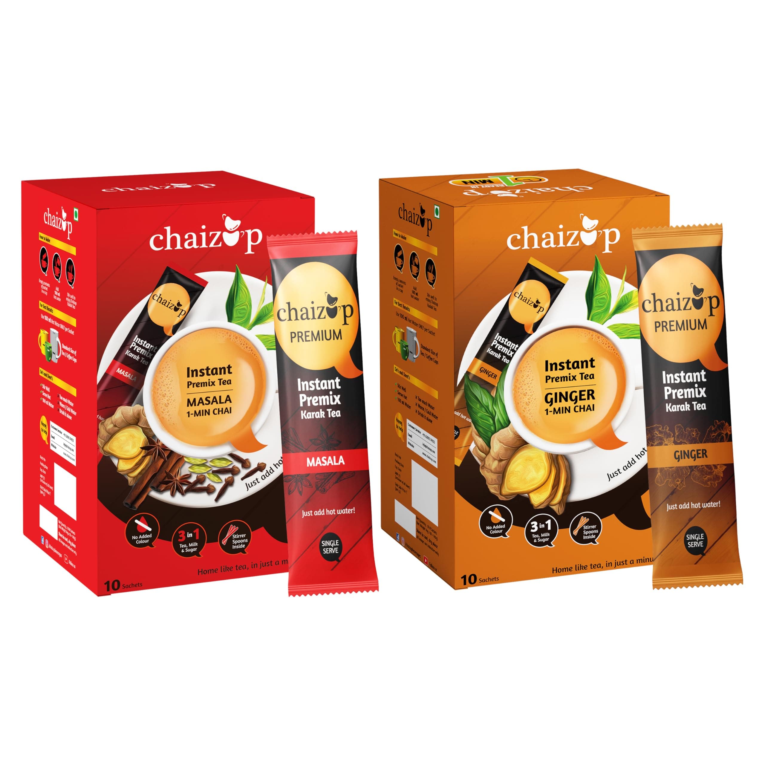 Premium 1 Min Instant Assorted Tea Pack - 20 Sachets | Ginger & Masala Flavours | 20 Servings | 2 Packs (10 Flavours Each) | 280g