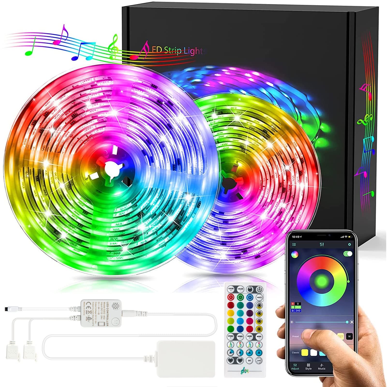 UALAU 65.6FT LED Strip Lights, 5050 RGB Brighter Light Strip Kits with APP & Remote Control, Led Lights for Chirstmas Decoration, Bedroom, Room, Kitchen, Ceiling and TV (2 ROLLS/32.8FT)